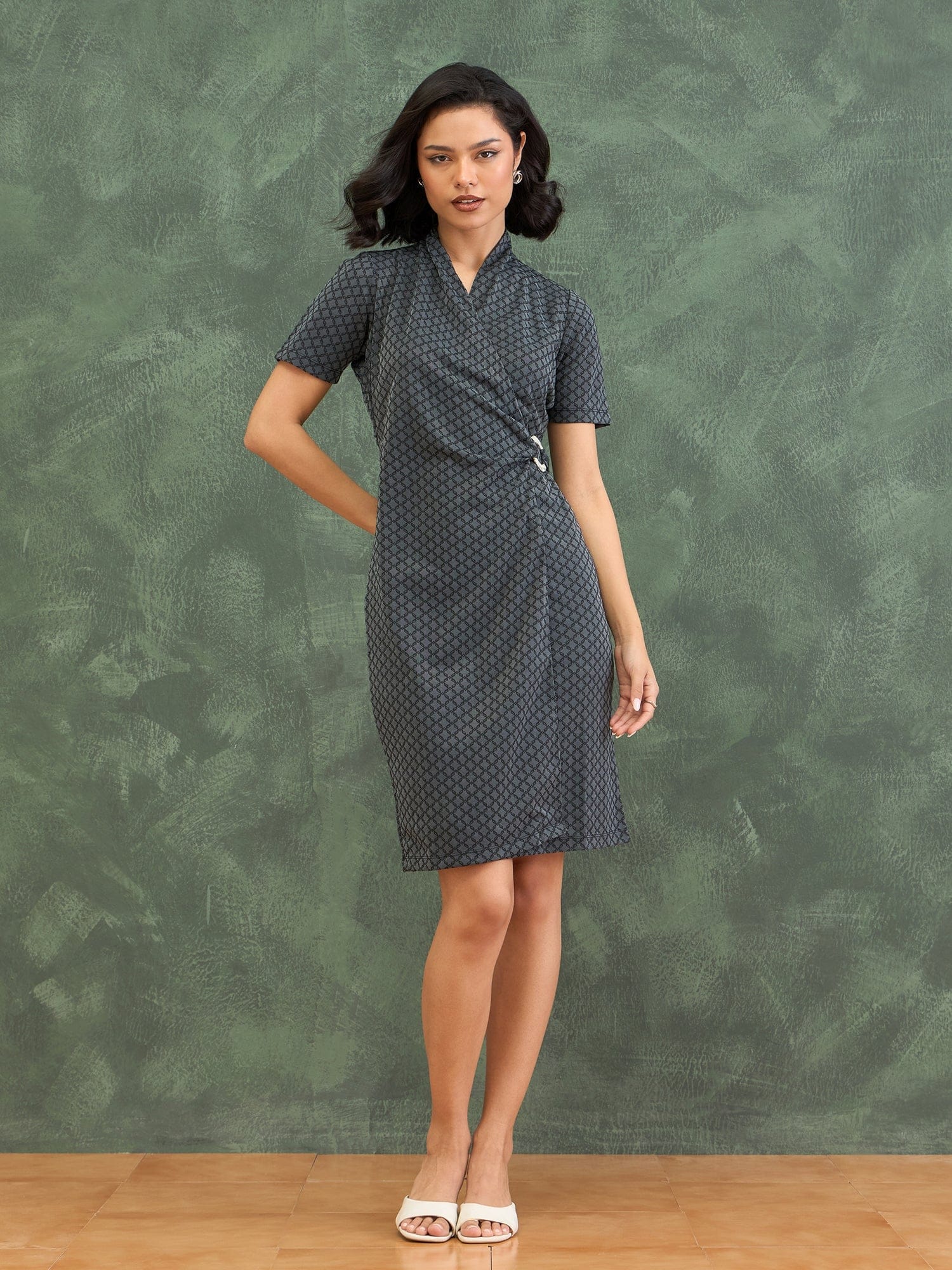 Iconic Women Black Printed Wrap Neck Dress - Image 2