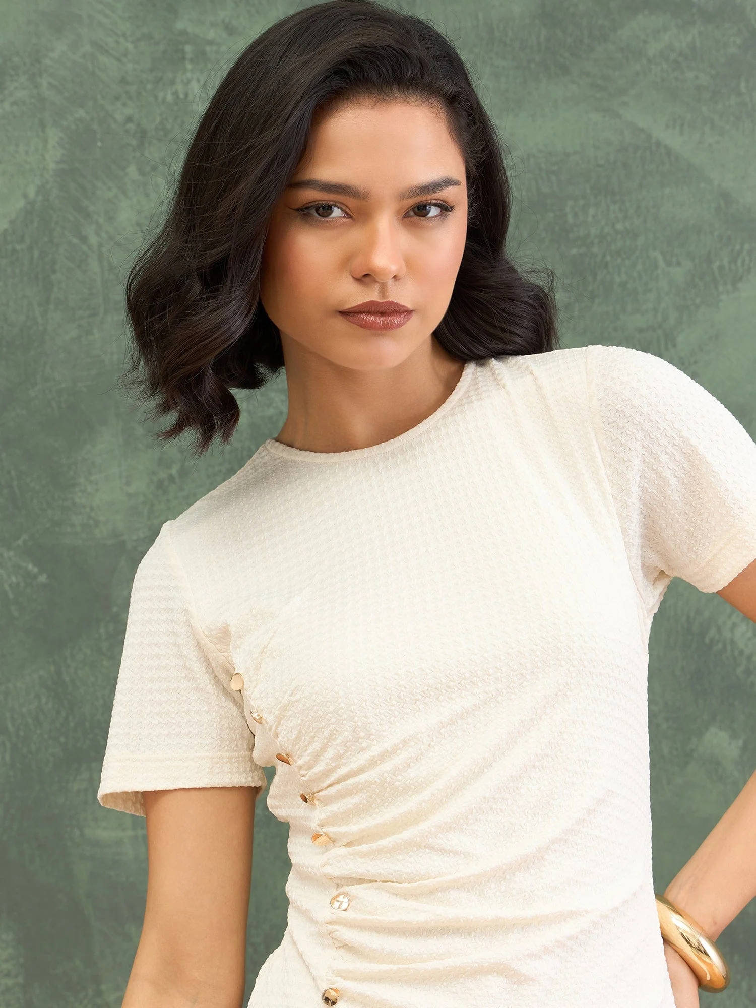 Iconic Women White Textured Round Neck Dress - Image 4