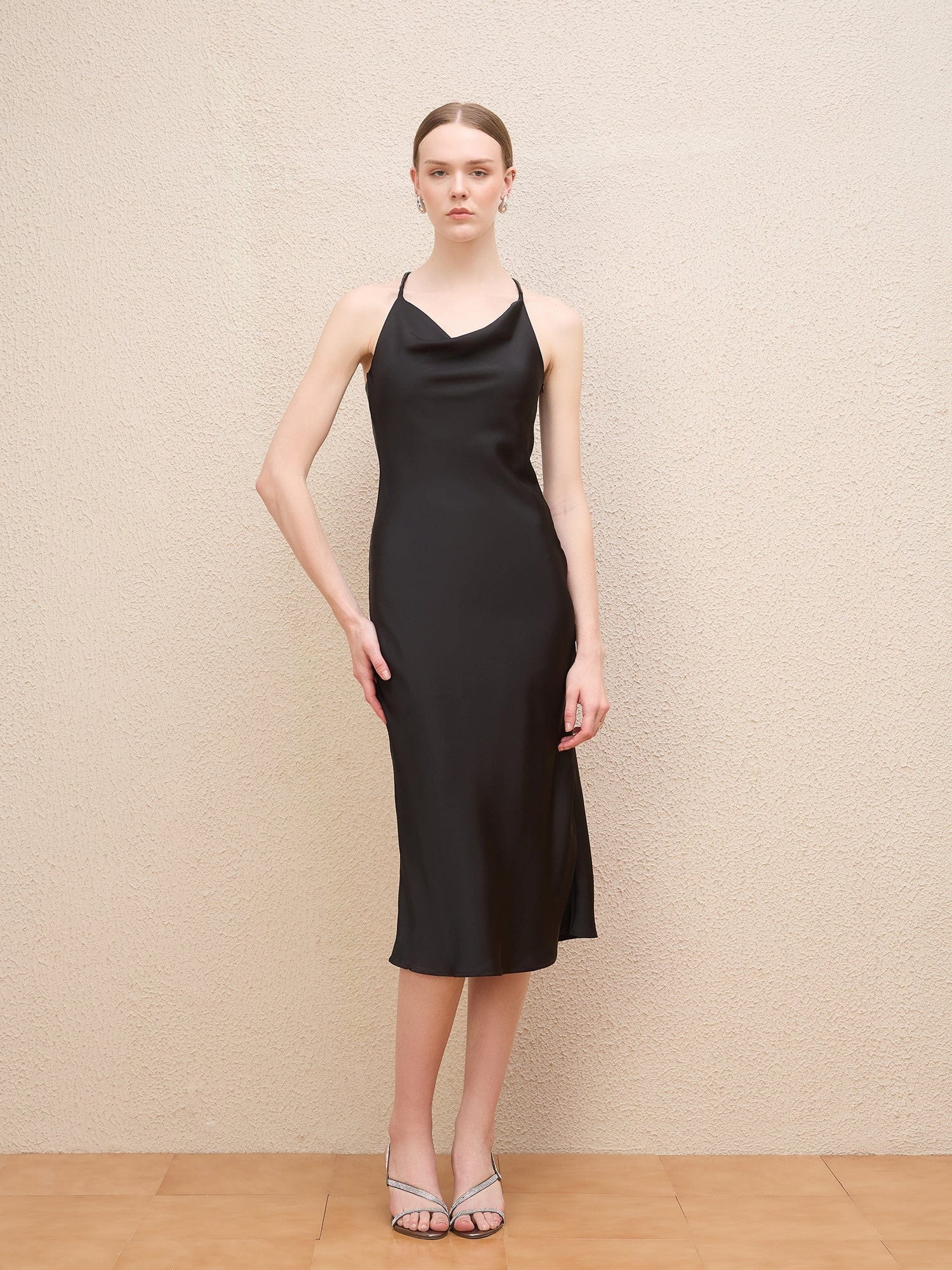 Iconic Women Black Solid Cowl Neck Dress - Image 2