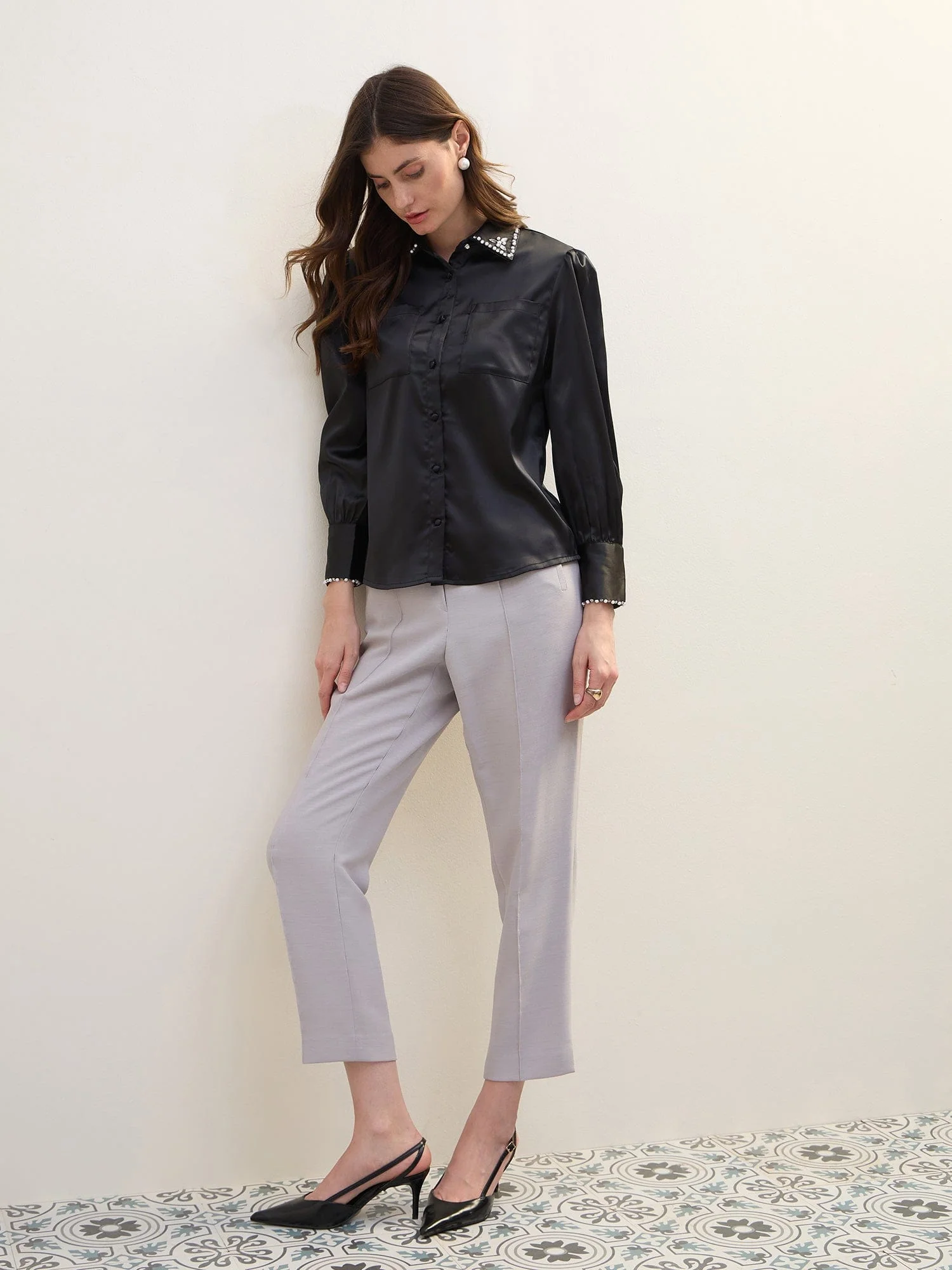 Iconic Women Black Solid Collar Shirt - Image 2