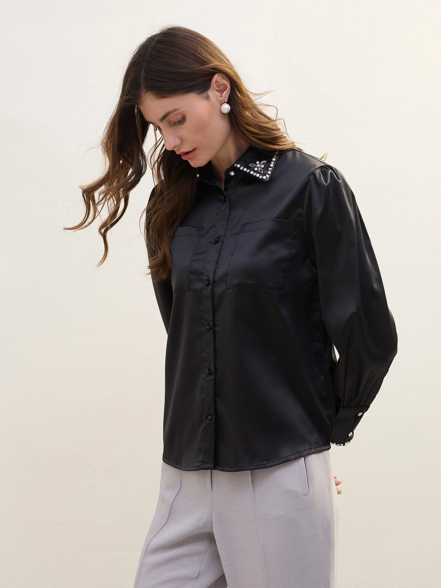 Iconic Women Black Solid Collar Shirt - Image 3