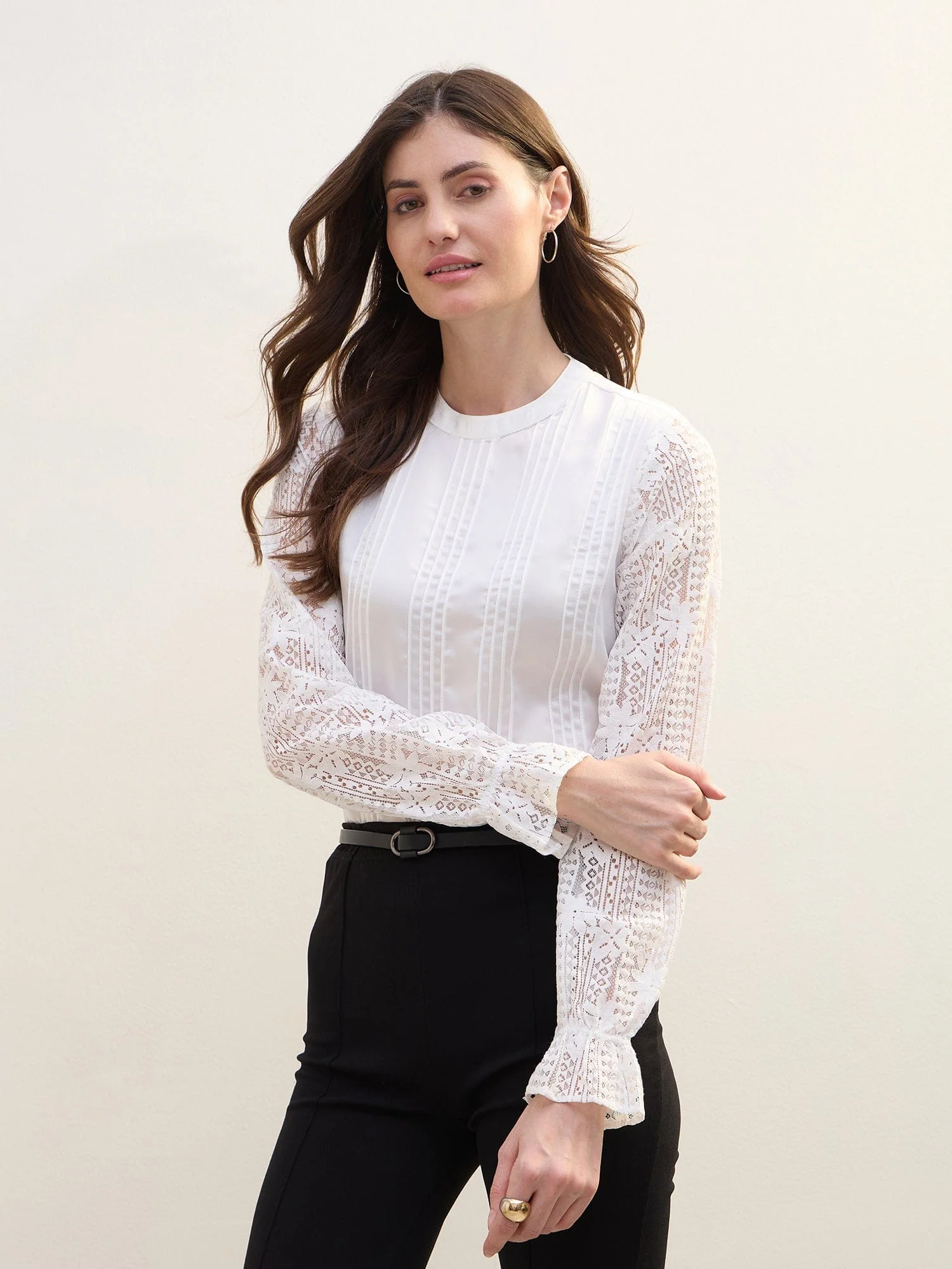 Iconic Women White Tucks & Lace Round Neck Top - Image 3