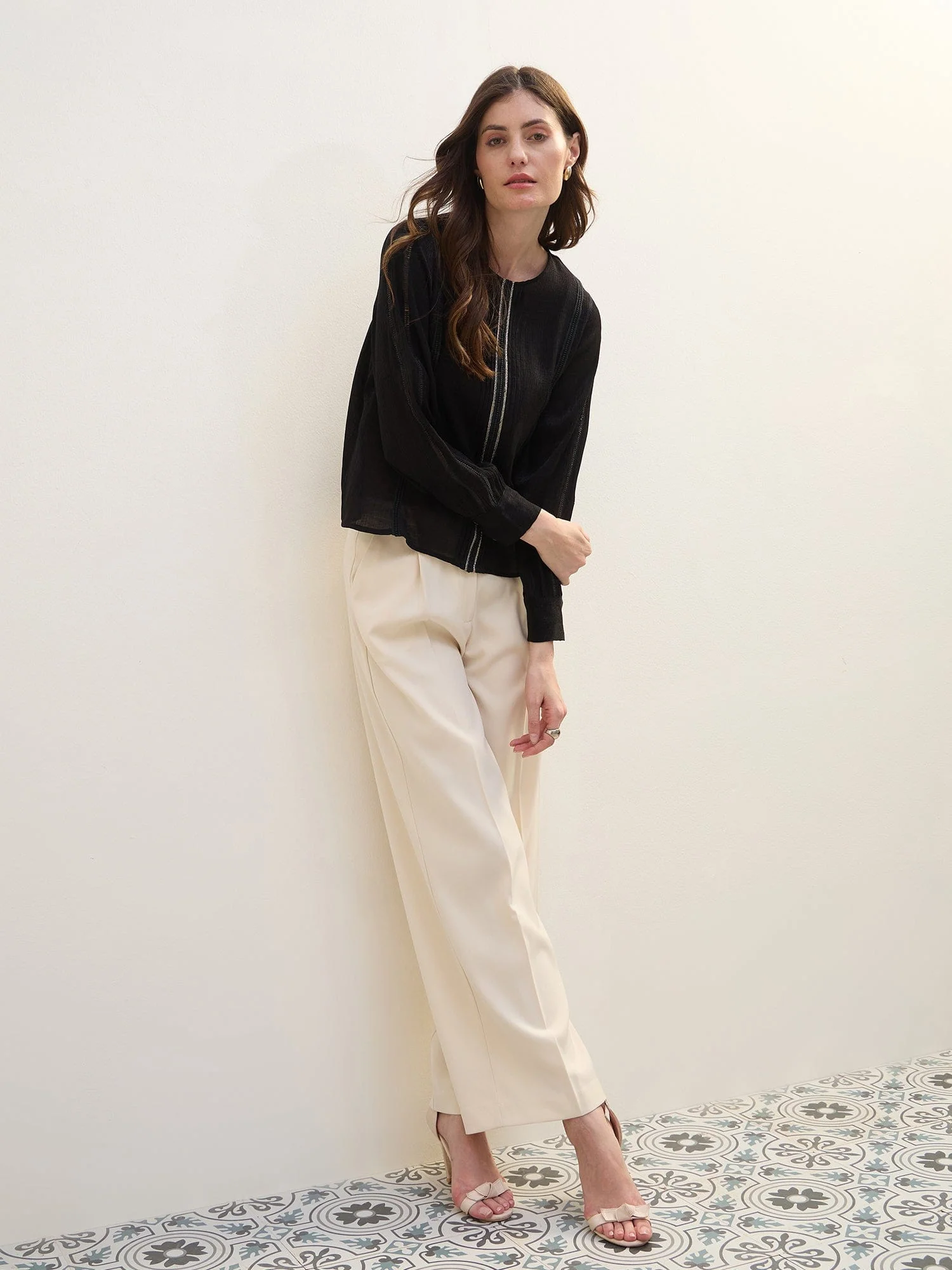 Iconic Women Black Crinkled Round Neck Top - Image 2
