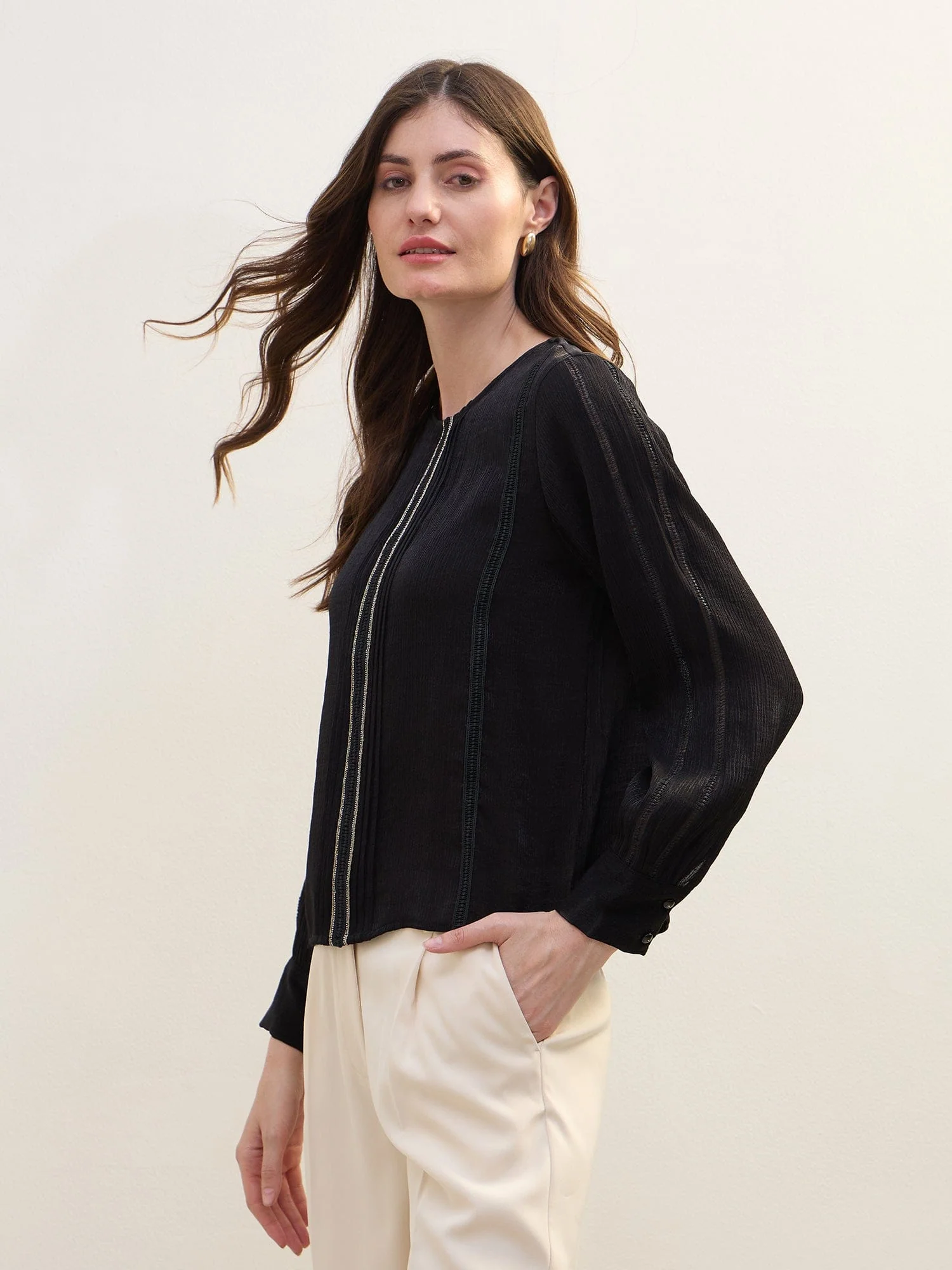 Iconic Women Black Crinkled Round Neck Top - Image 3