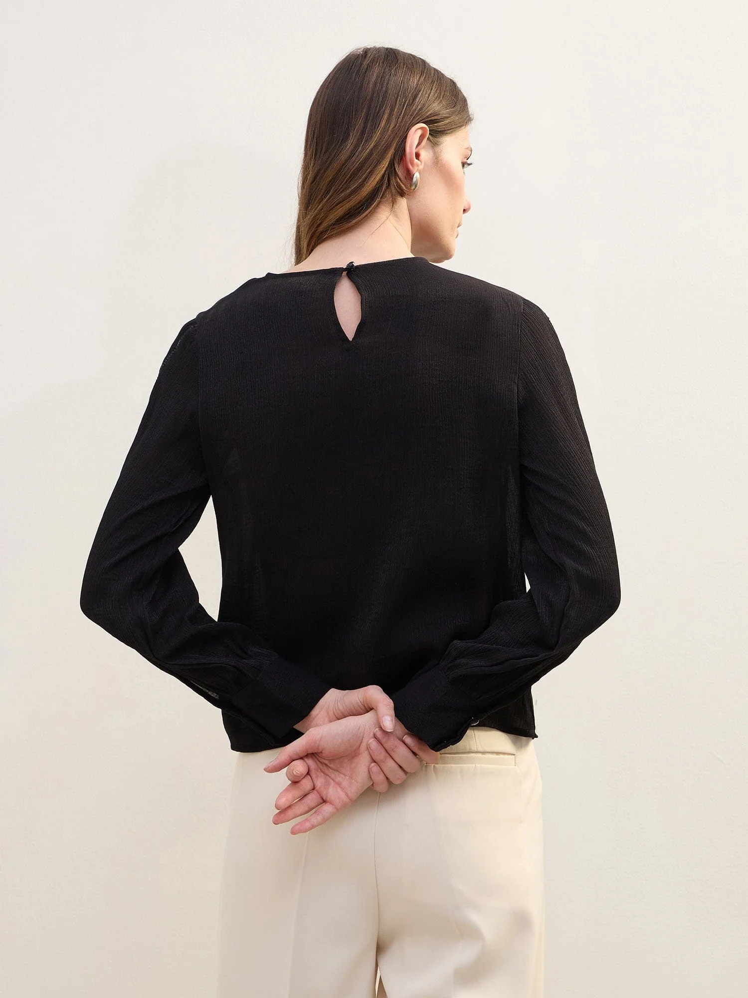 Iconic Women Black Crinkled Round Neck Top - Image 5
