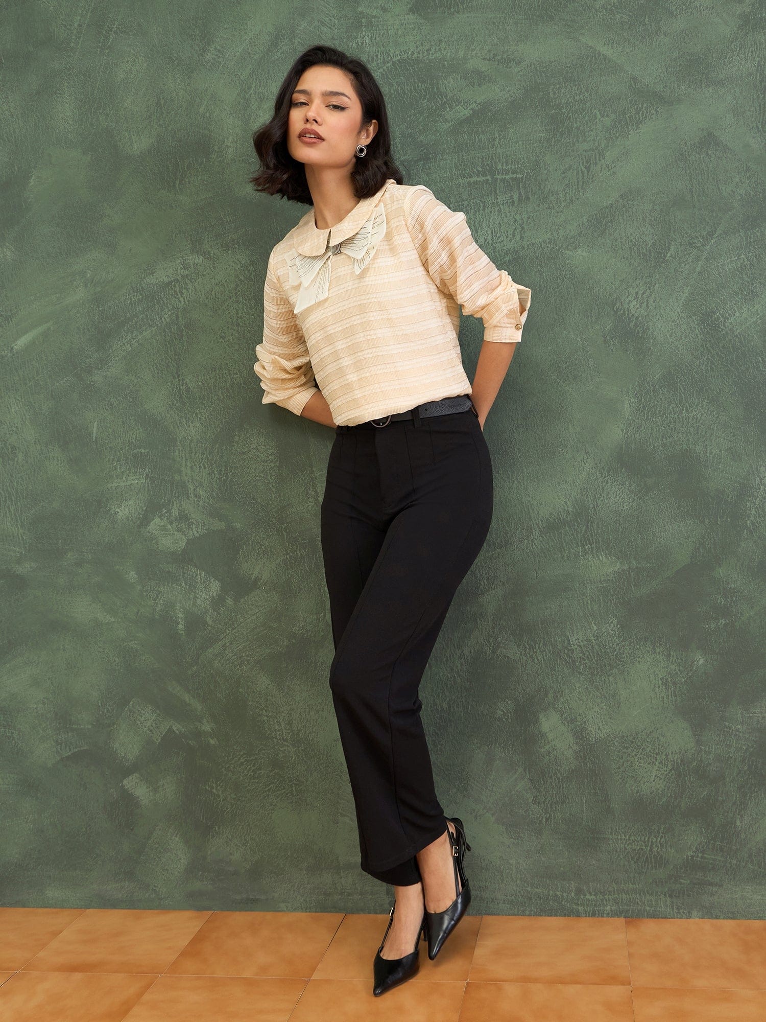 Iconic Women Beige Textured Round Neck Top - Image 6
