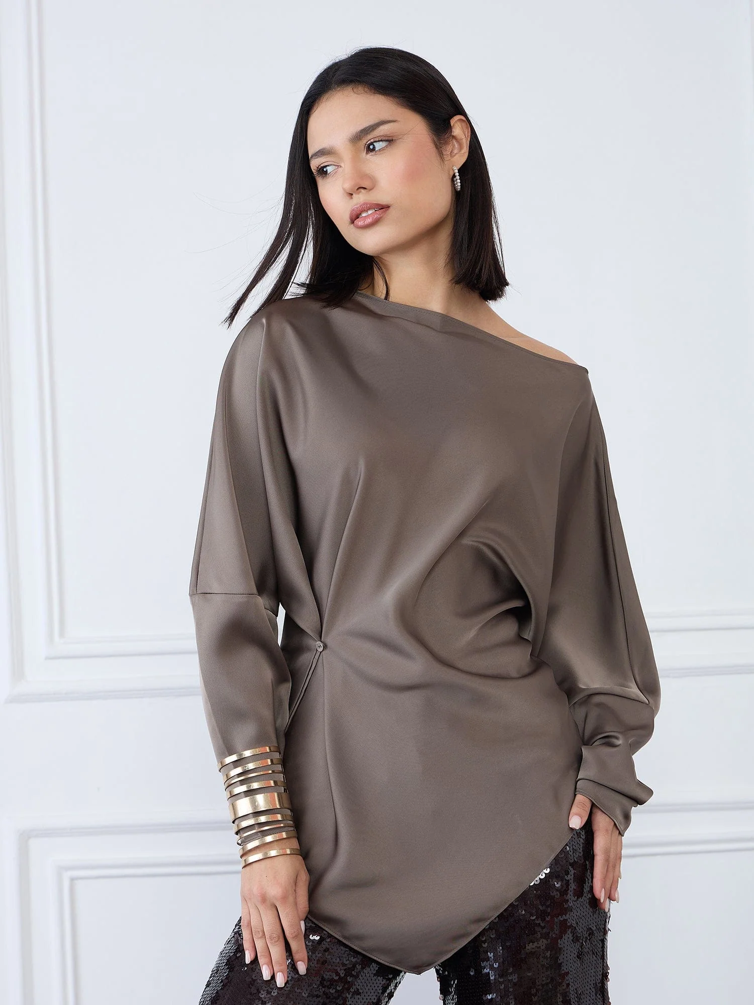Iconic Women Grey Solid Boat Neck Top - Image 2