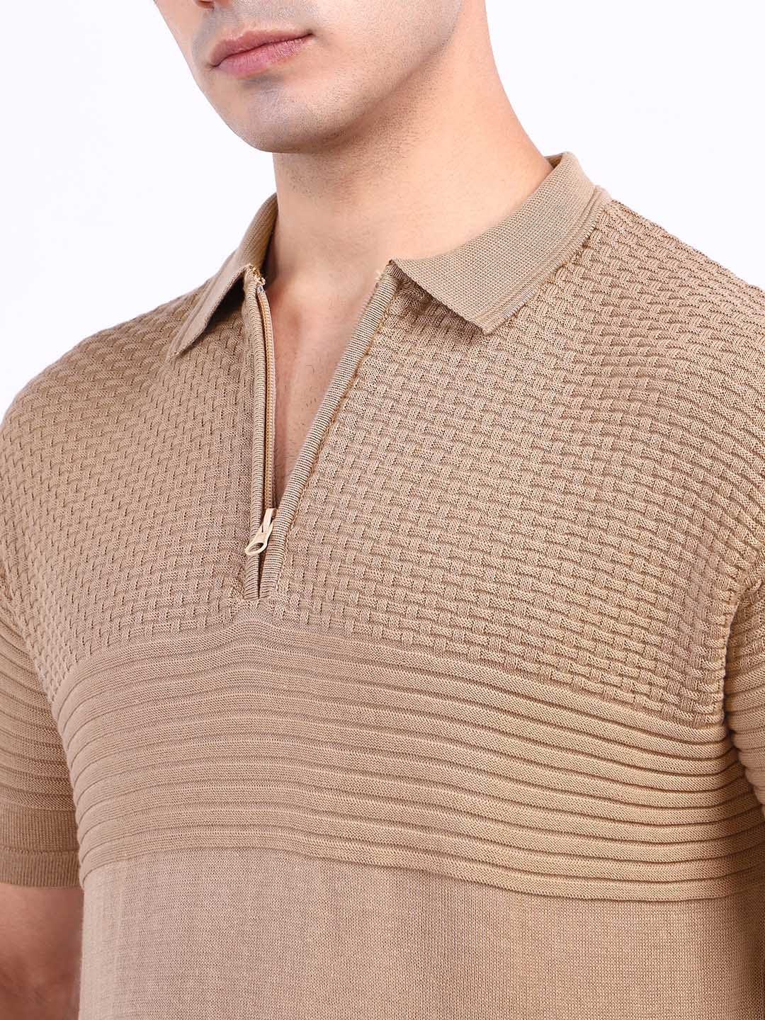 Iconic Men Beige Textured Polo Tshirt - Image 5