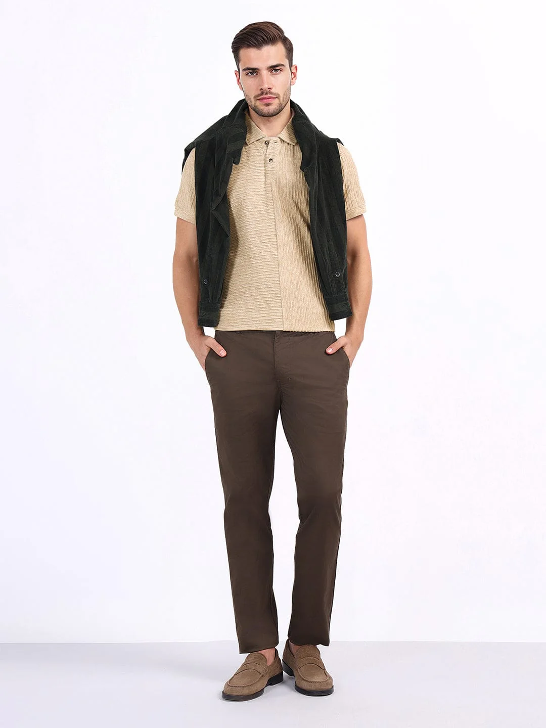 Iconic Men Beige Textured Polo Tshirt - Image 2