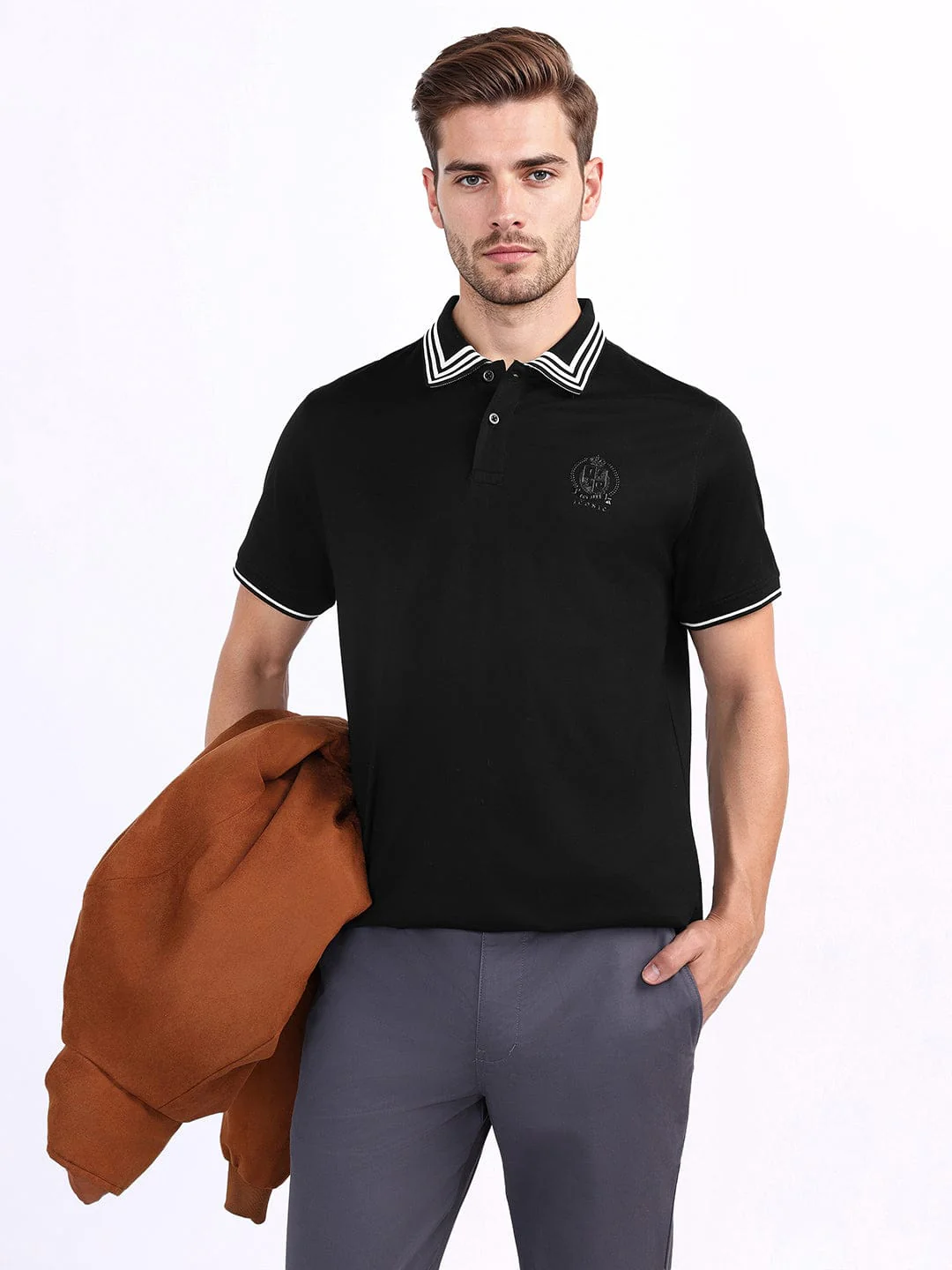 Iconic Men Black Solid Polo Tshirt - Image 5