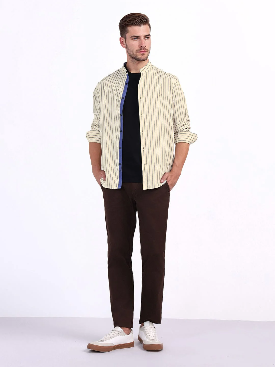 Iconic Men Beige Striped Band Collar Shirt - Image 2