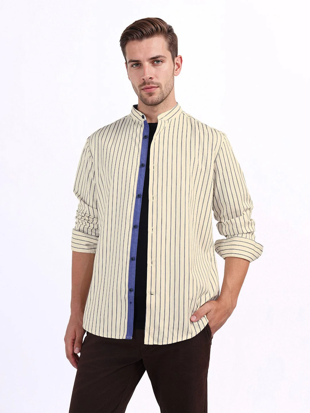 Iconic Men Beige Striped Band Collar Shirt - Image 3