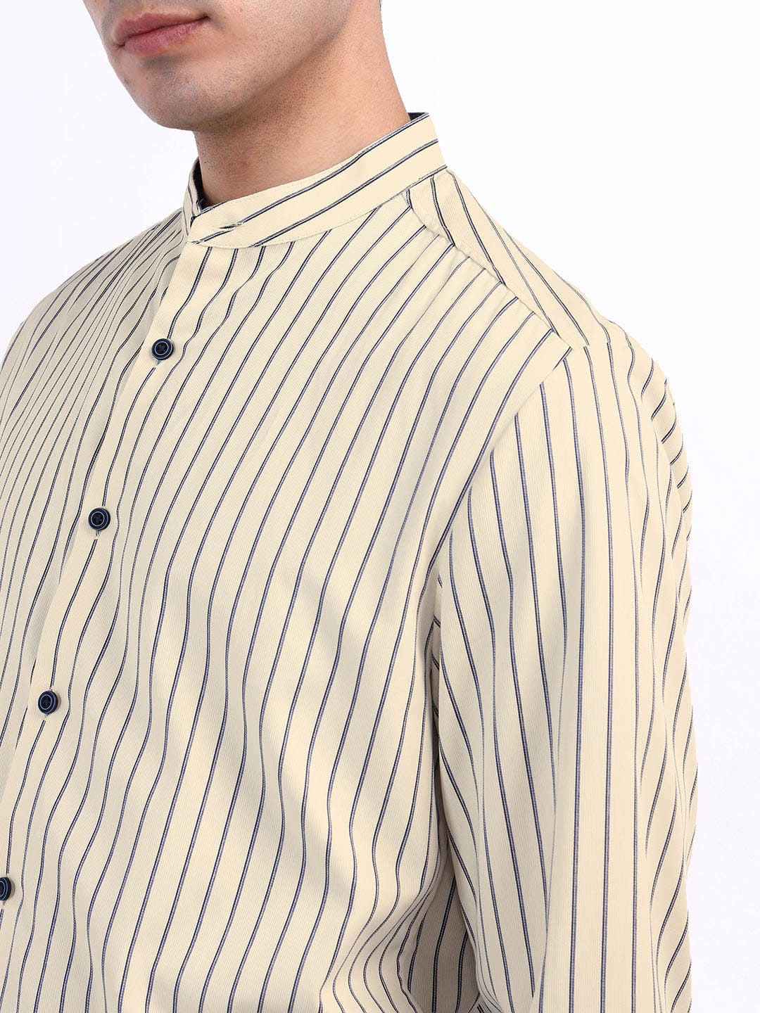 Iconic Men Beige Striped Band Collar Shirt - Image 6