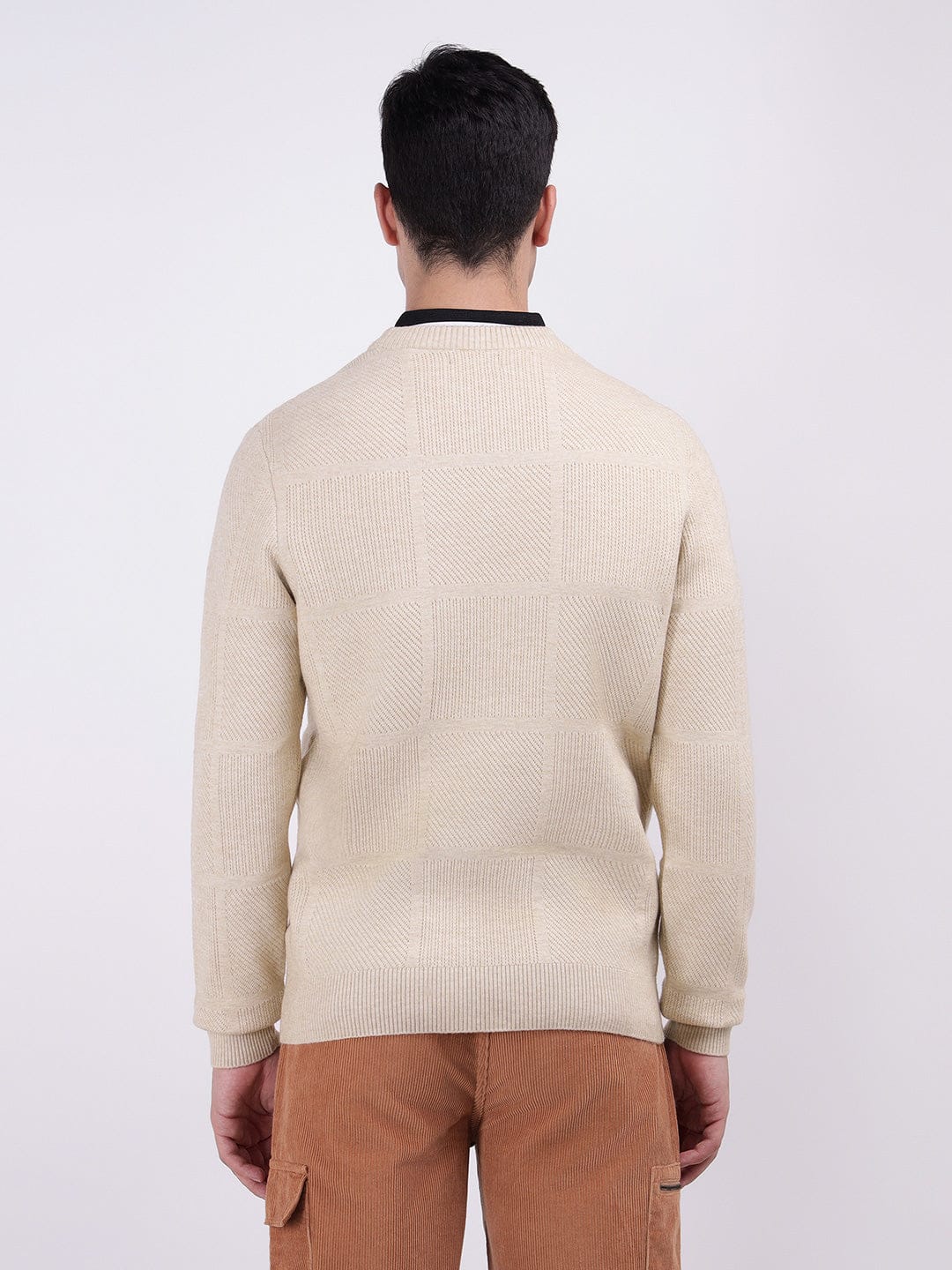 Iconic Men Beige Checks Crew Neck Sweater - Image 3