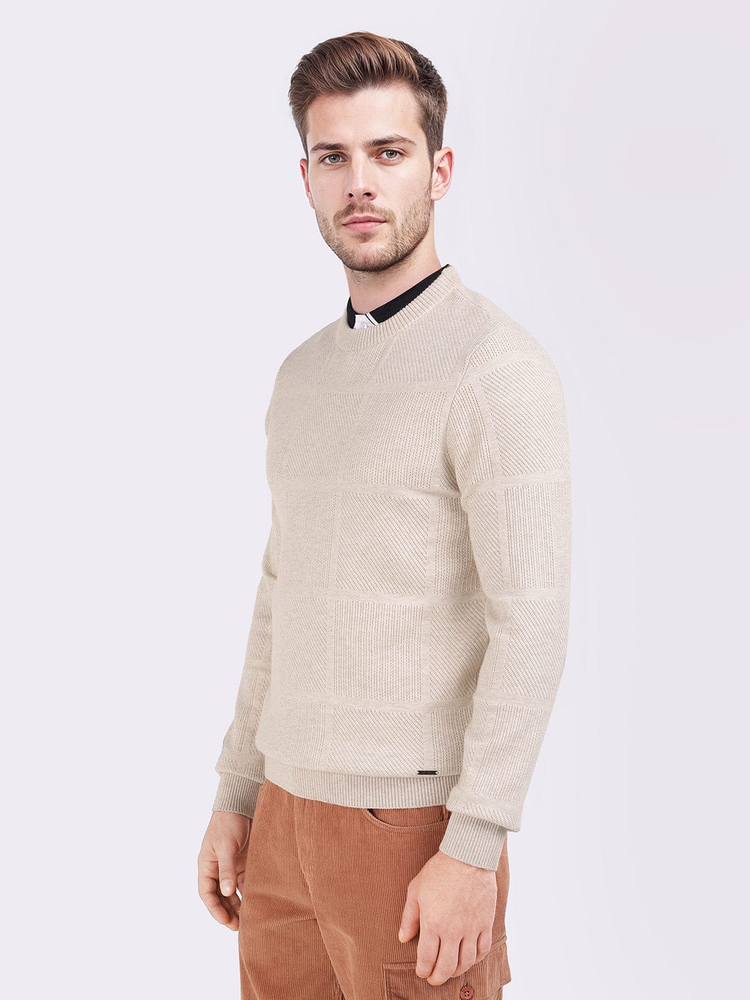 Iconic Men Beige Checks Crew Neck Sweater - Image 4