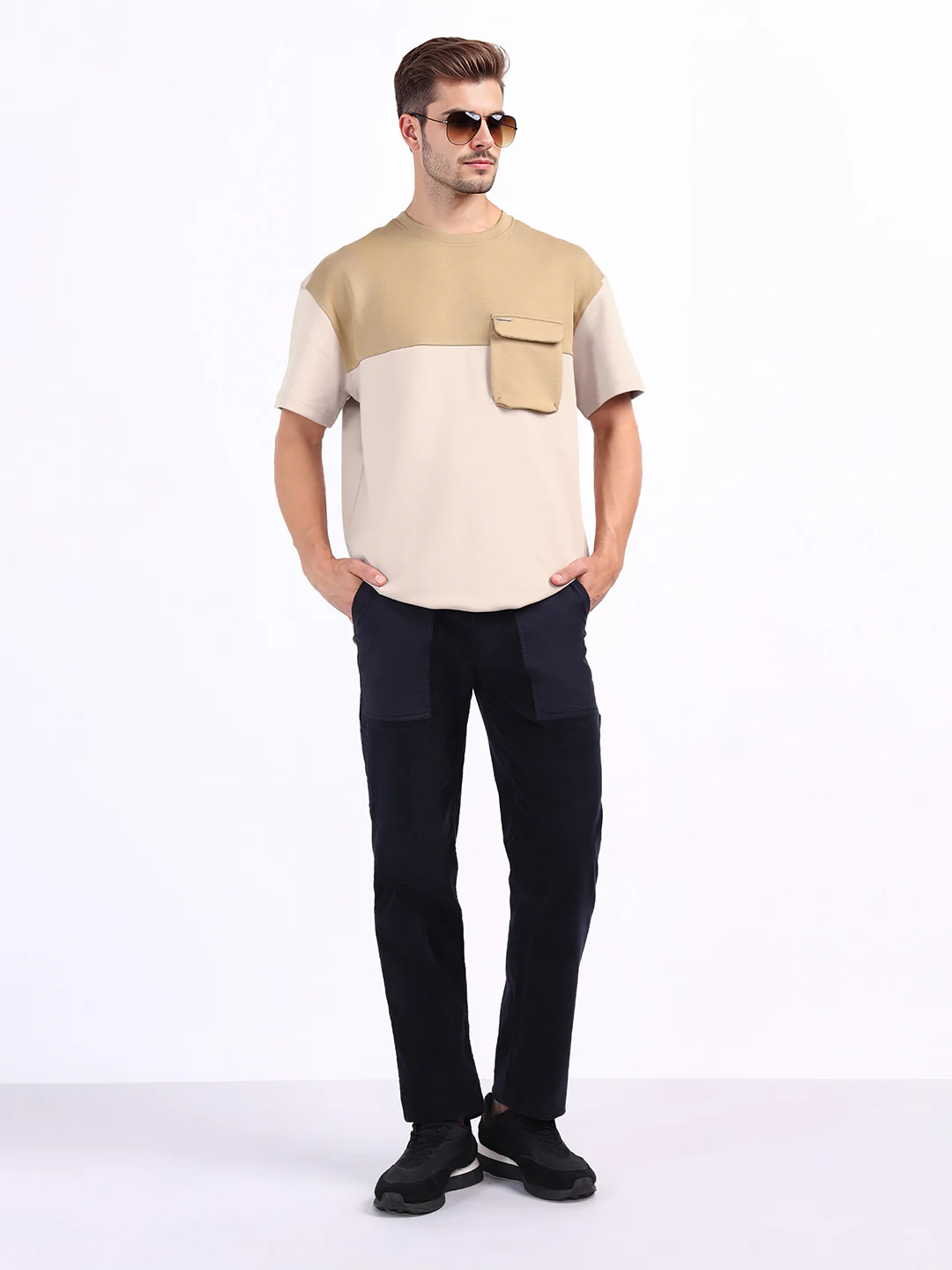 Iconic Men Beige Coloublocked Crew Neck Tshirt - Image 2