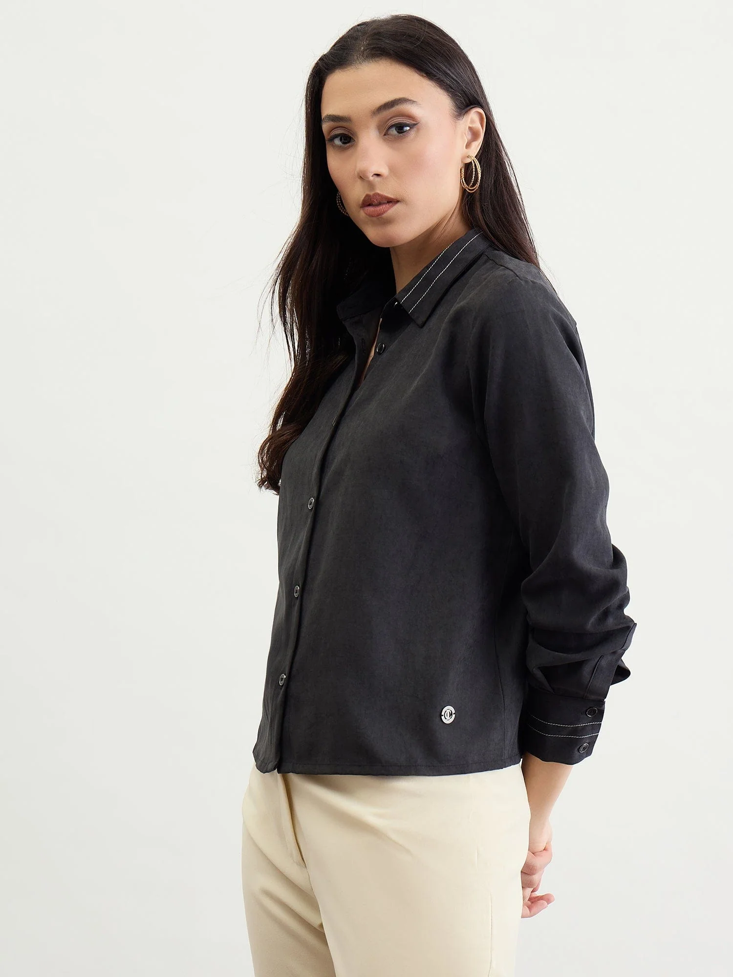 Iconic Women Black Solid Collar Shirt - Image 2