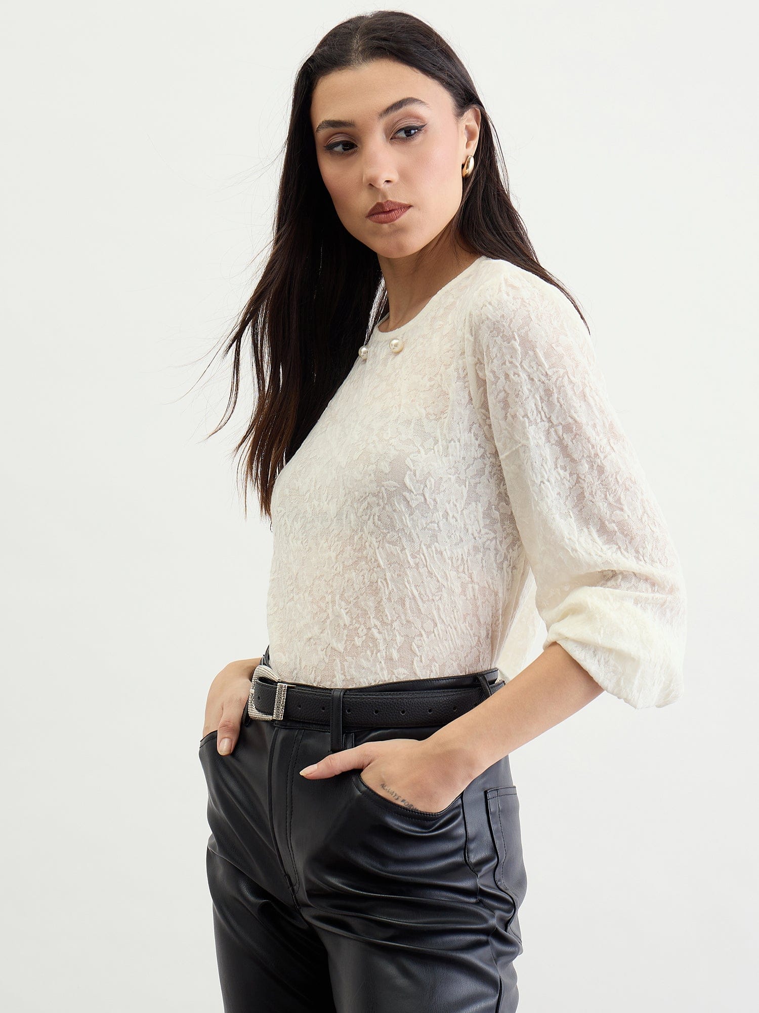 Iconic Women Beige Textured Round Neck Top - Image 2