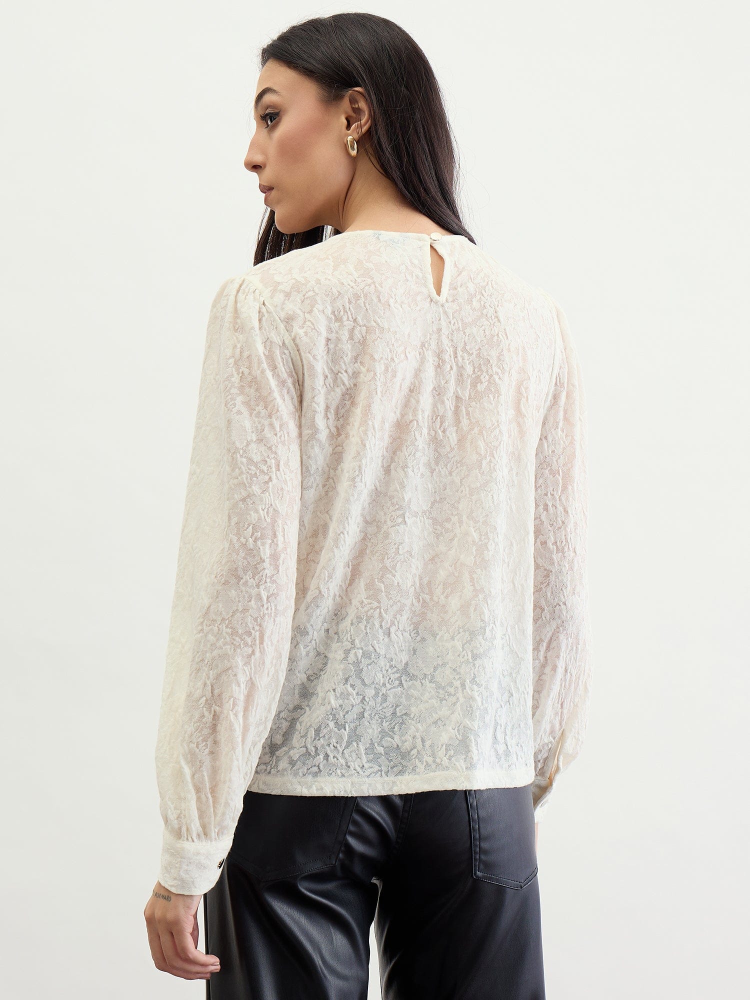 Iconic Women Beige Textured Round Neck Top - Image 3