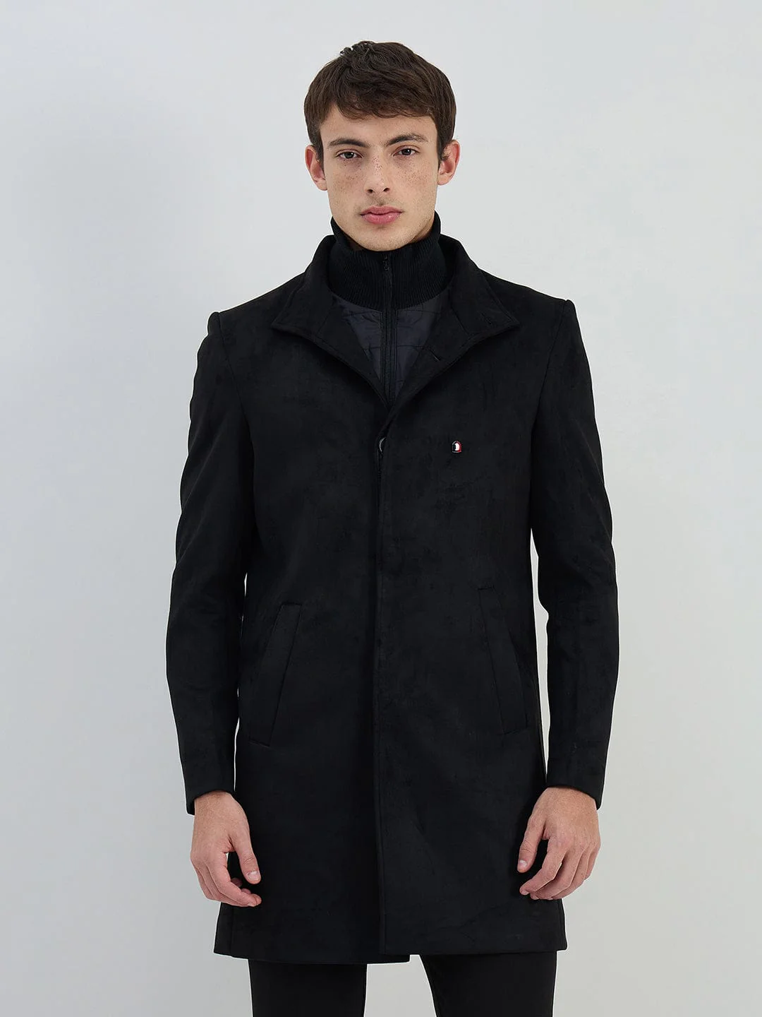 Iconic Men Black Solid Lapel Collar Overcoat - Image 6