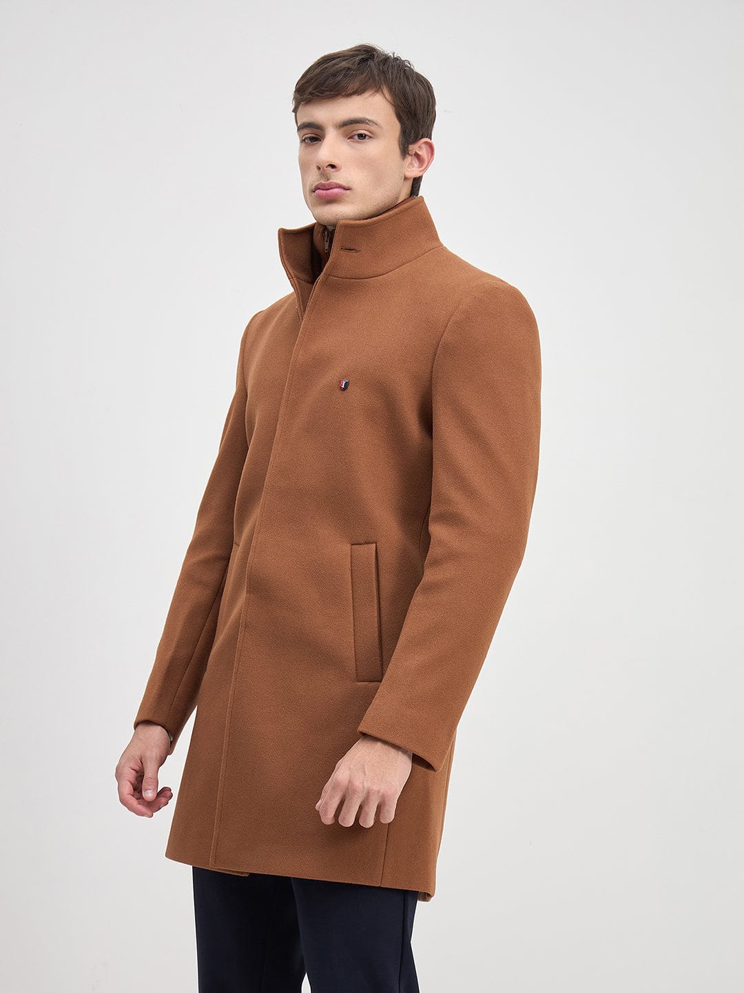 Iconic Men Brown Solid High Neck Regular Fit Overcoat - Image 2