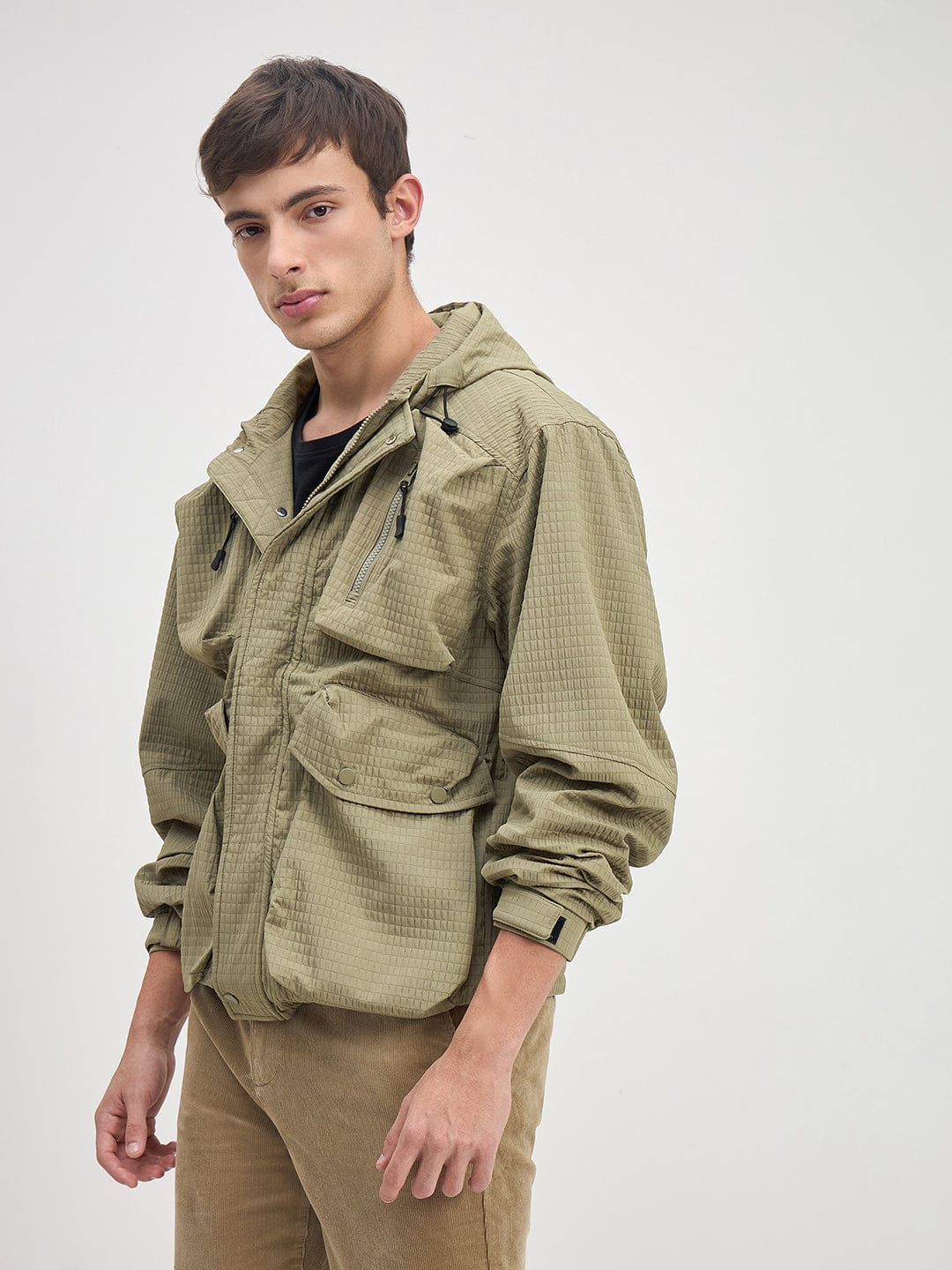 ICONIC Men Green Textured Regular Fit Hoodie Jacket - Image 2