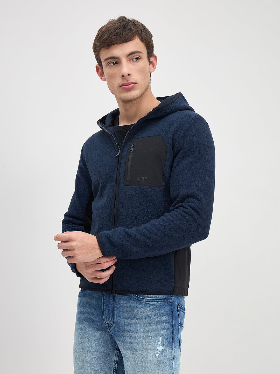 Iconic Men Navy Blue Solid Hoodie Jacket - Image 2