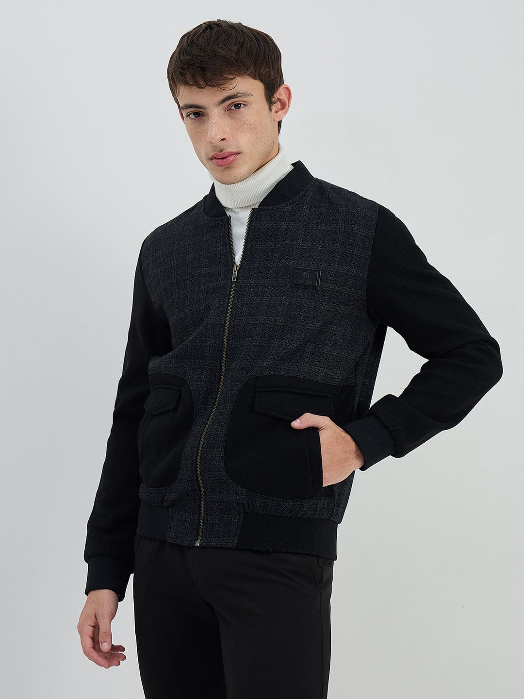 Iconic Men Black Check Lapel Collar Jacket - Image 2