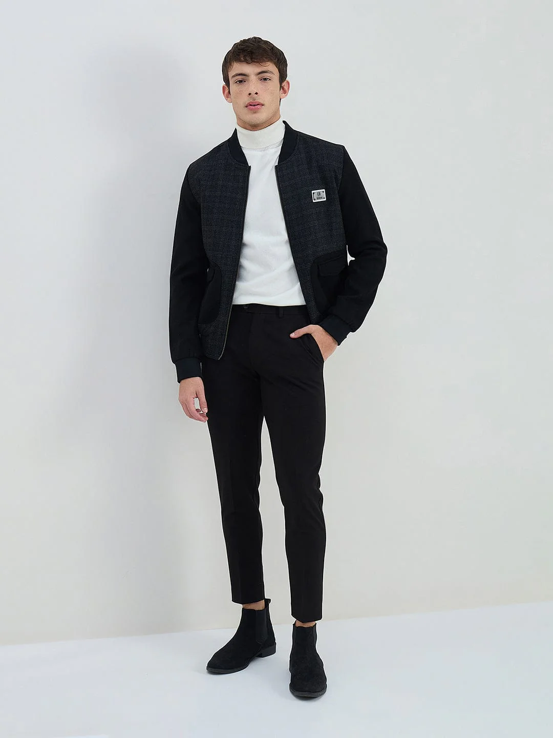Iconic Men Black Check Lapel Collar Jacket - Image 5