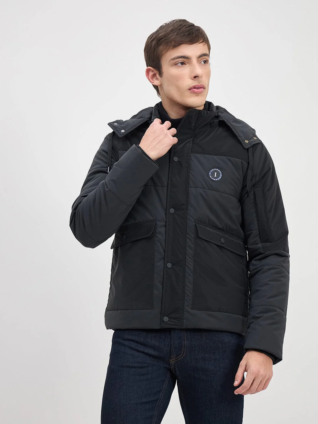 ICONIC Men Black Quilted Regular Fit Hoodie Jacket - Image 2