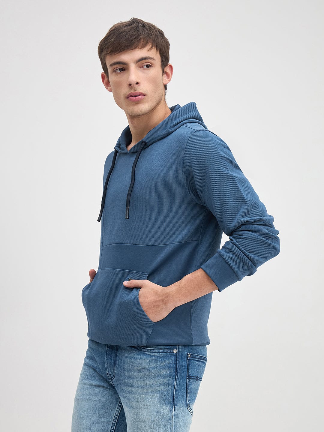 ICONIC Men Blue Hood Regular Fit Texture Sweatshirt - Image 3
