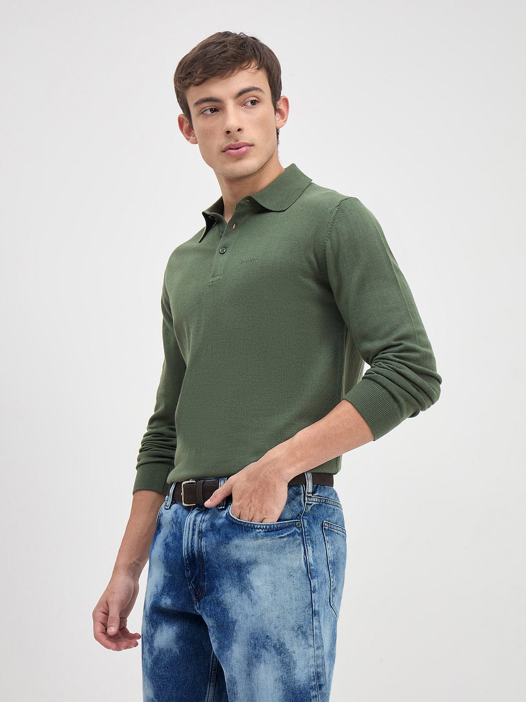 ICONIC Men Green Solid Polo Neck Regular Fit Sweater - Image 2