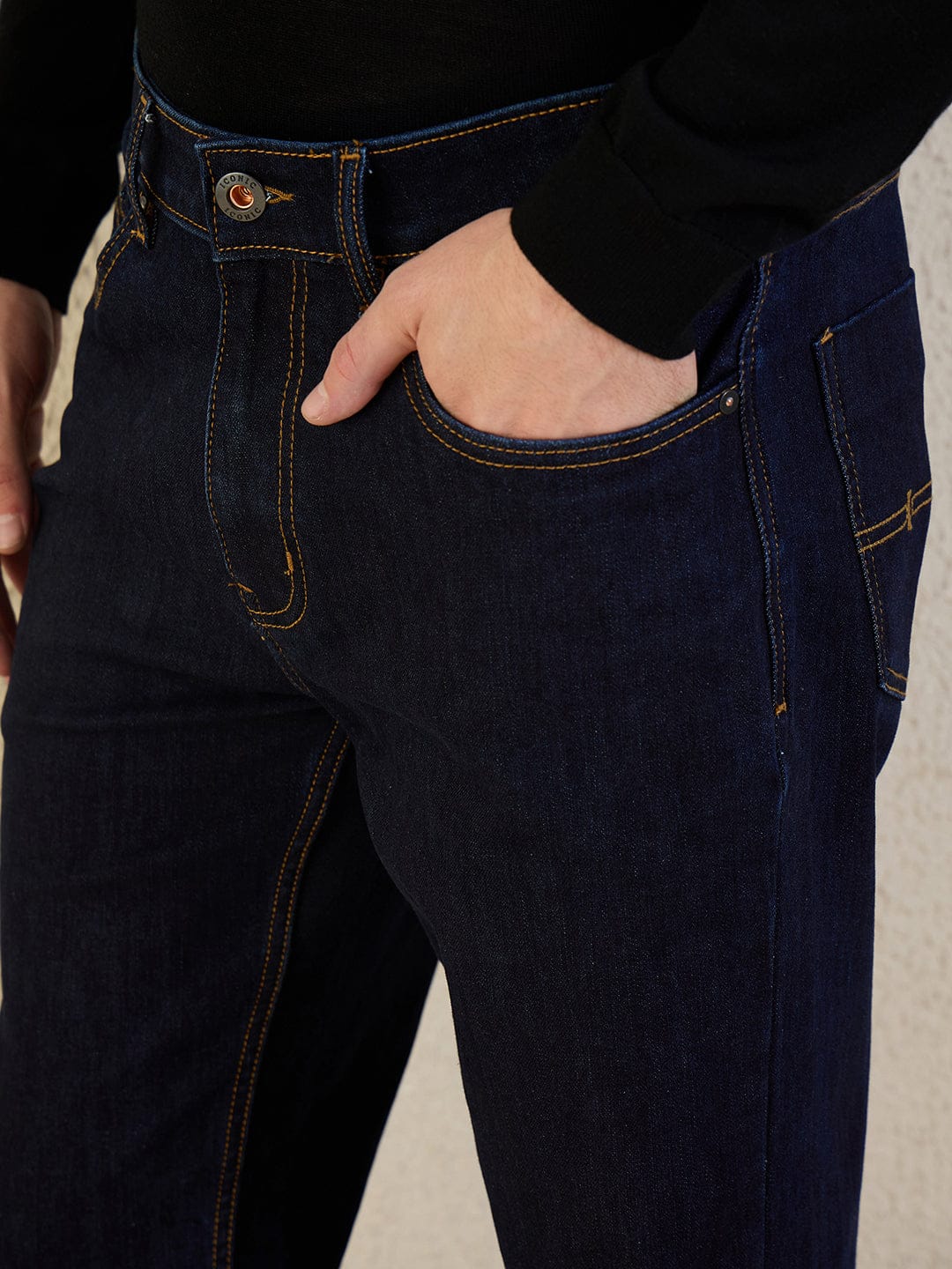 Iconic Navy Blue Solid Stretchable Regular Fit Jeans - Image 4