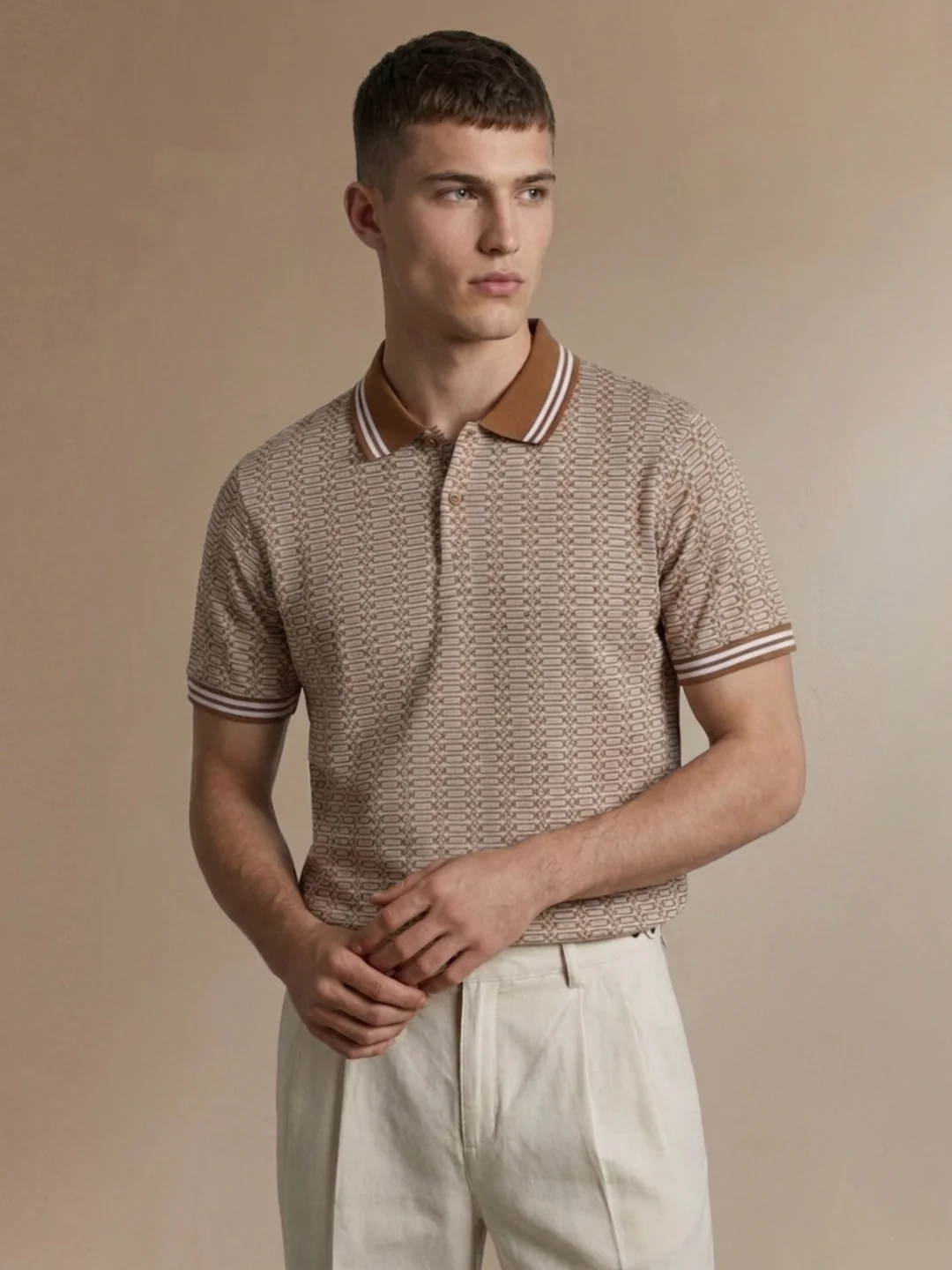 Iconic Men Brown Jacquard Regular Fit Jacquard Polo T-Shirt - Image 2
