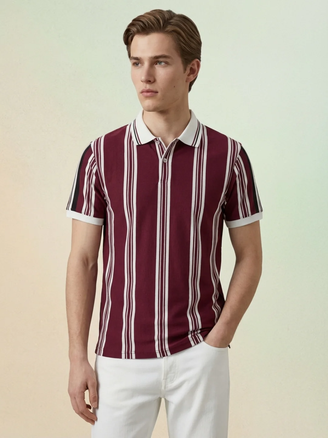 Iconic Men Maroon Striped Regular Fit Polo T-Shirt - Image 2