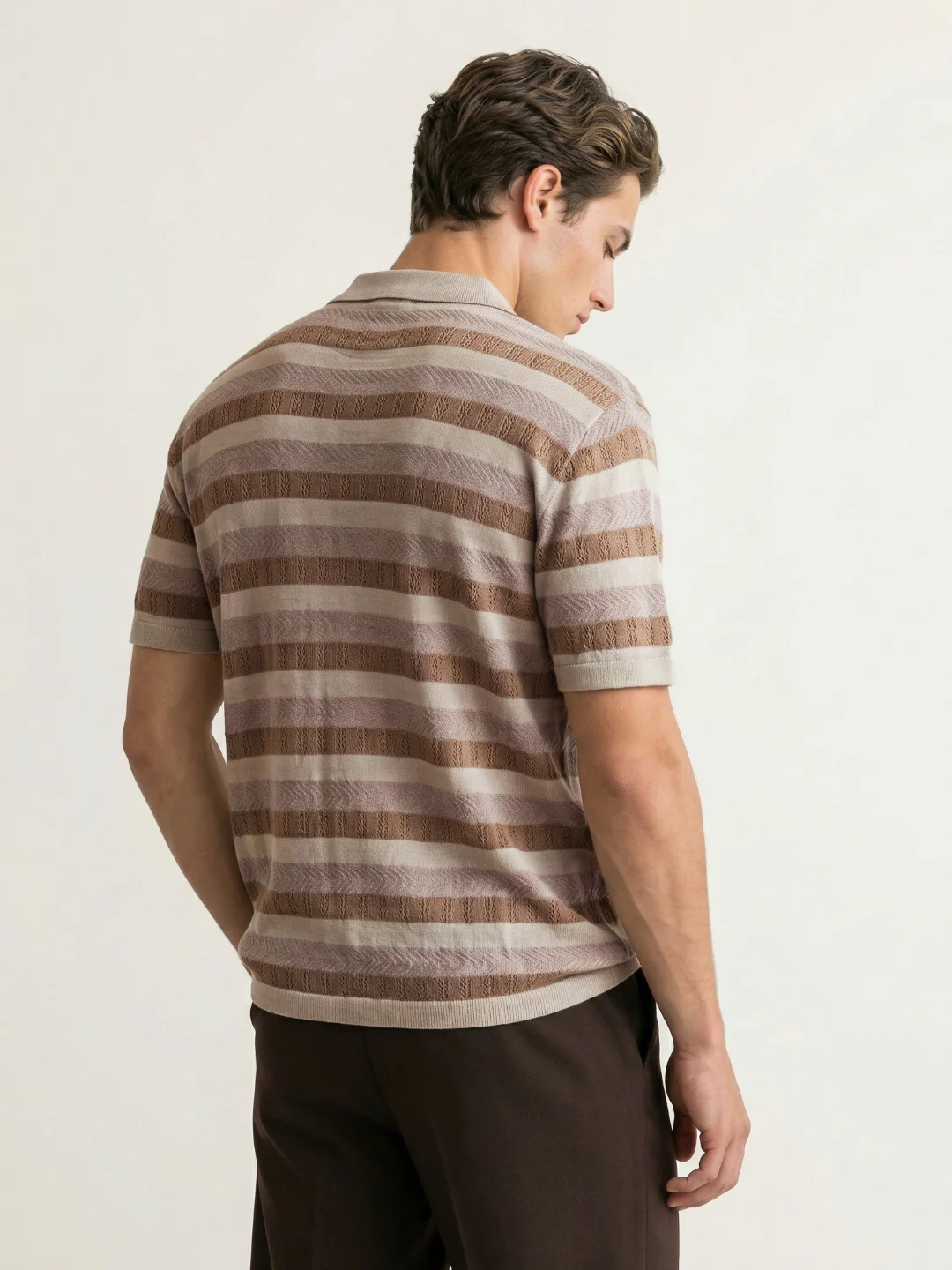 Iconic Men Brown Striped Regular Fit Pure Cotton Polo T-Shirt - Image 3