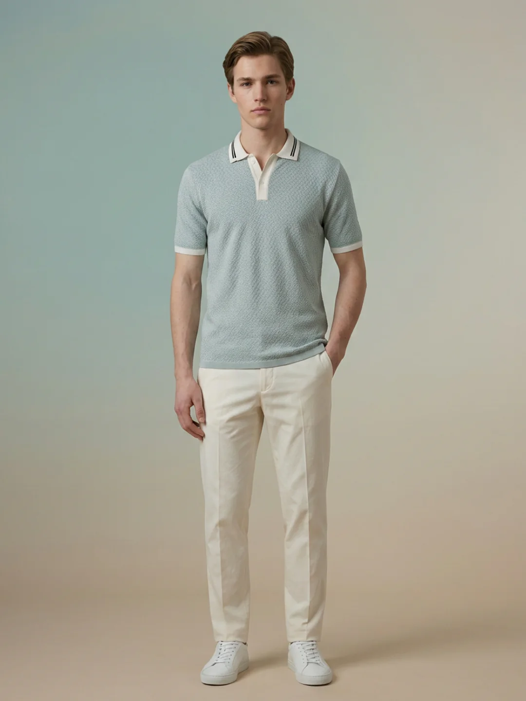Iconic Men Green Textured Regular Fit Pure Cotton Polo T-Shirt - Image 5