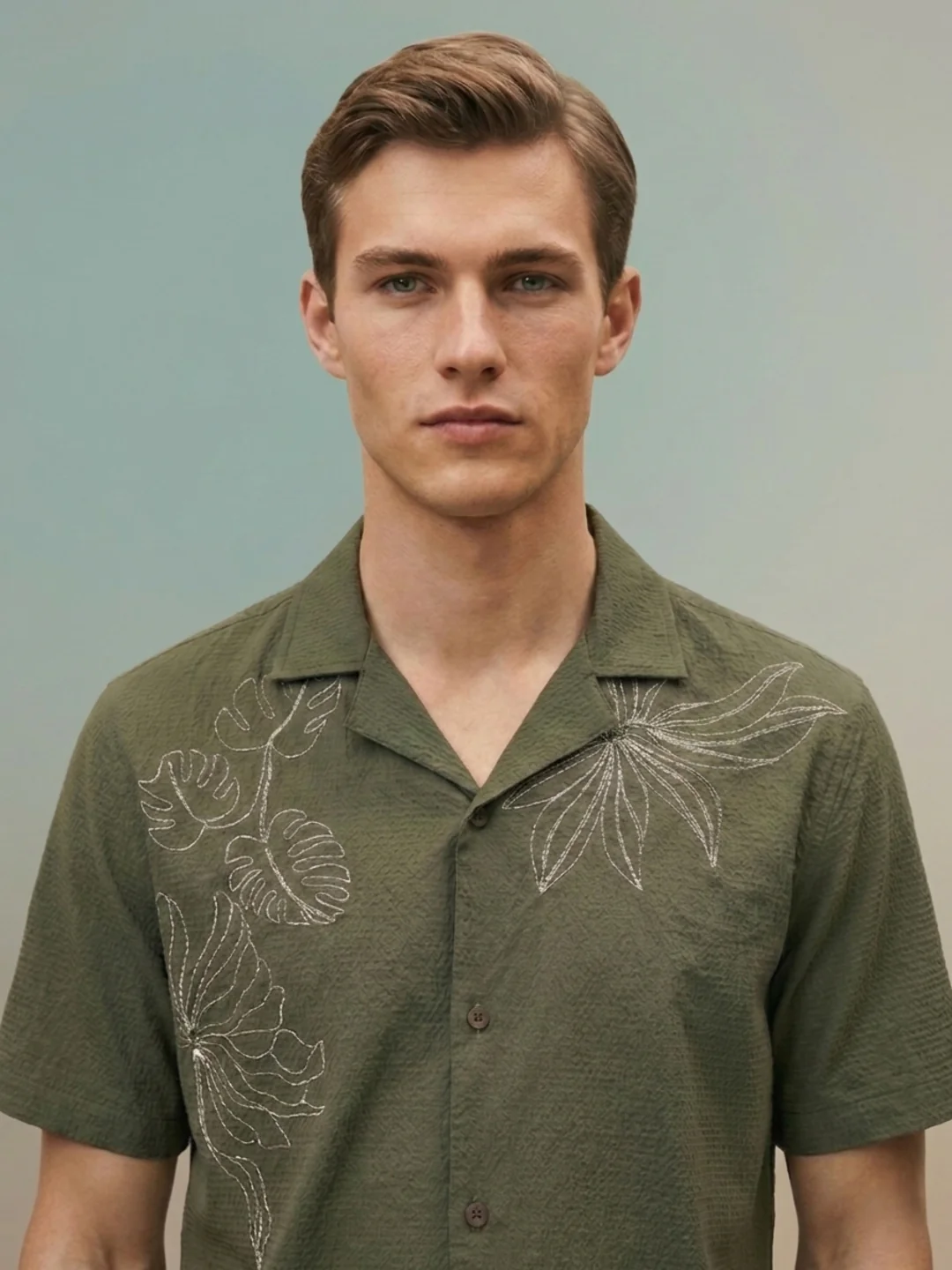 Iconic Men Green Embroidered Resort Fit Shirt - Image 4