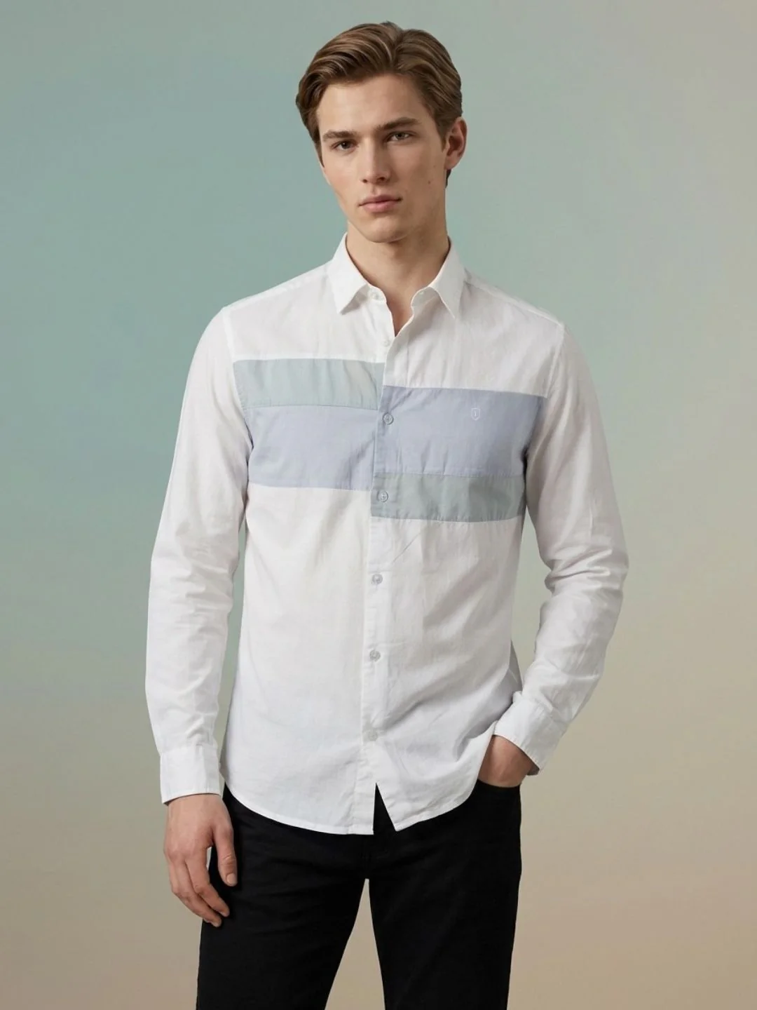 Iconic Men White Colorblock Regular Fit Pure Cotton Shirt - Image 2