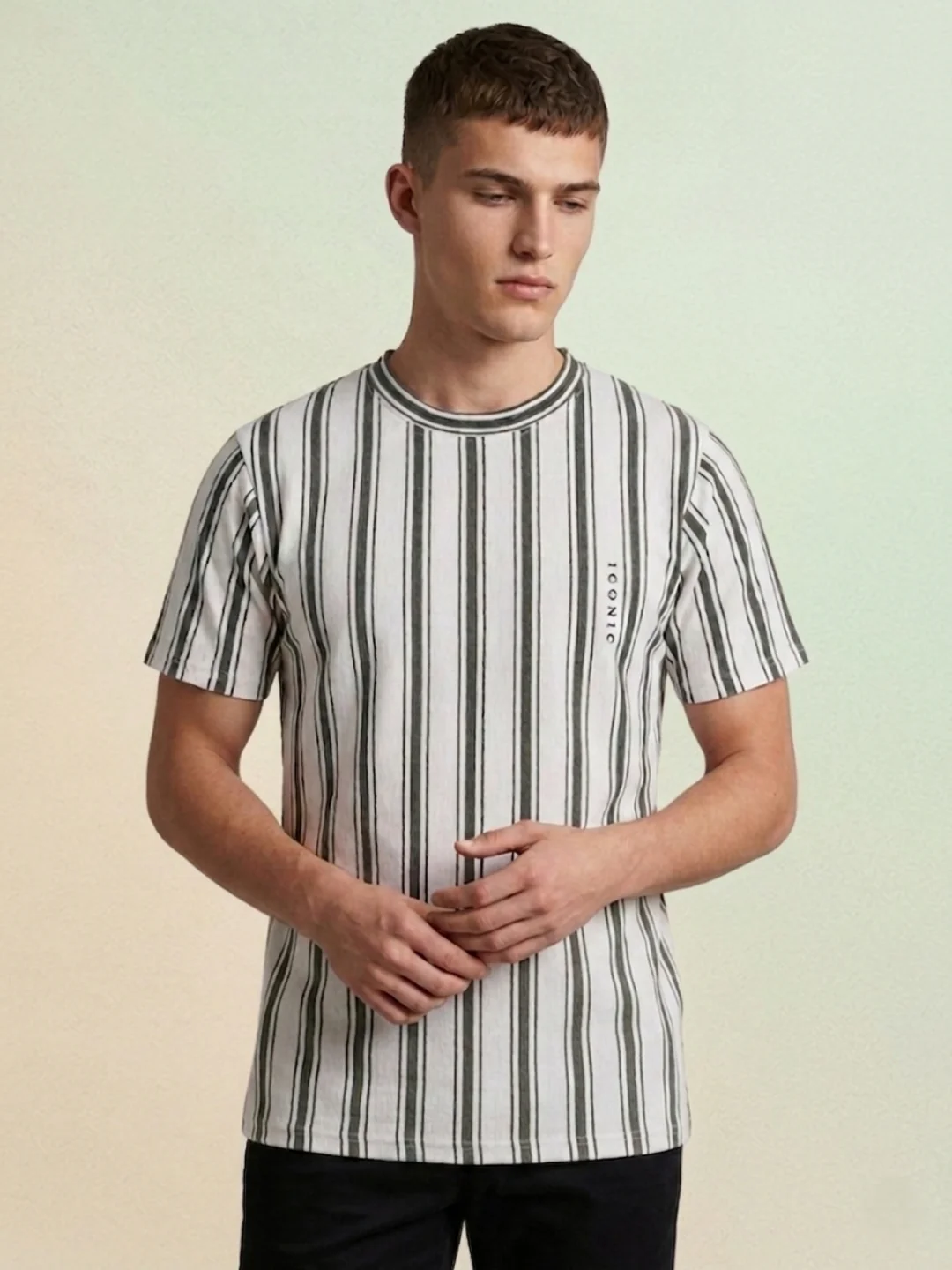 Iconic Men Off White Striped Regular Fit T-Shirt - Image 2