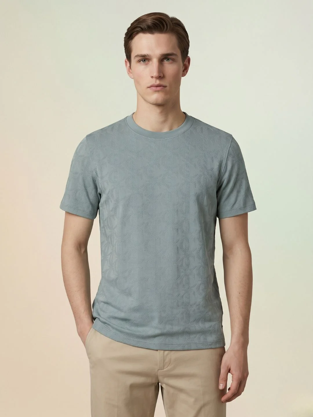 Iconic Men Green Jacquard Regular Fit Pure Cotton T-Shirt - Image 3