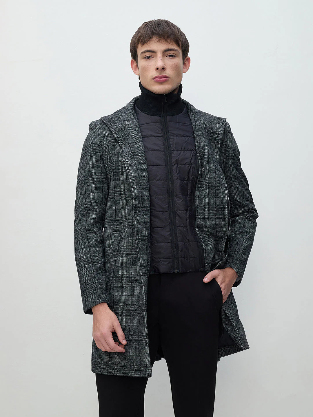 ICONIC Men Grey Checks Regular Fit Overcoat - Image 2