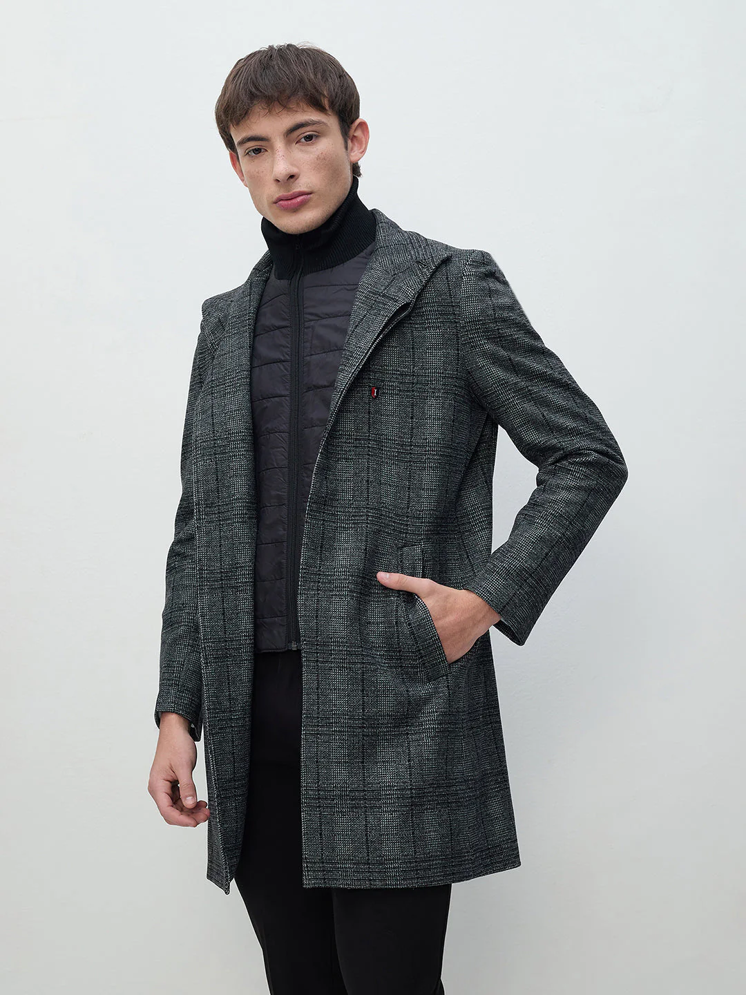 ICONIC Men Grey Checks Regular Fit Overcoat - Image 3
