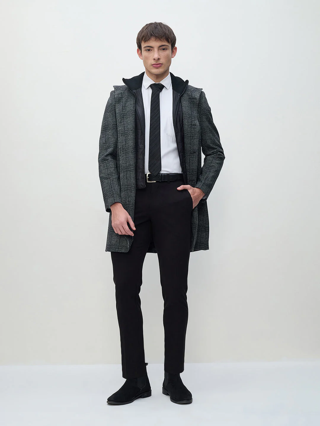 ICONIC Men Grey Checks Regular Fit Overcoat - Image 6