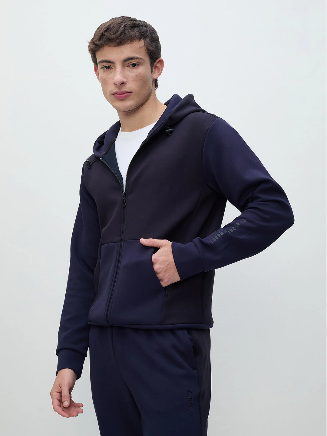 ICONIC Men Navy Blue Color Block Hooded Sweatshirt - Image 2