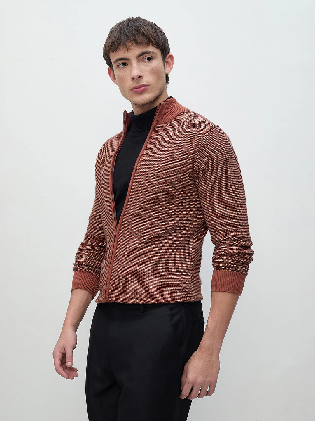 ICONIC Men Brown Textured Crew Neck Sweater - Image 2