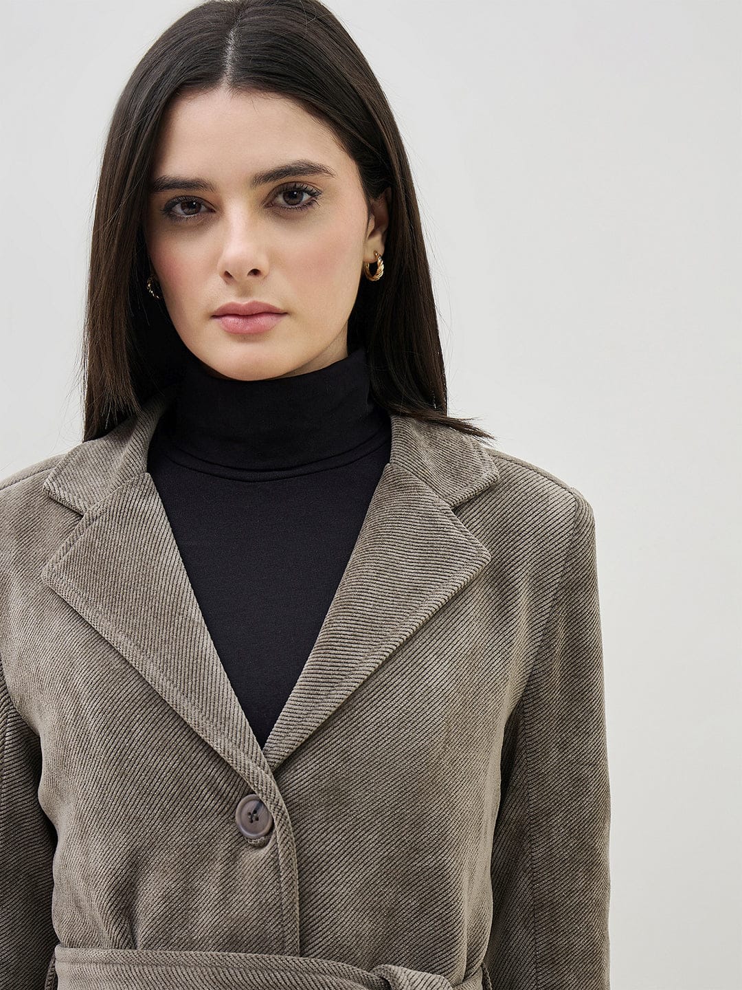ICONIC Women Taupe Textured Notch Lapel Regular Fit Overcoat - Image 3
