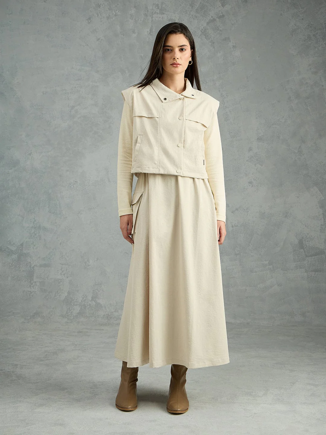 Iconic Women Beige Solid Pure Cotton Collared Dress