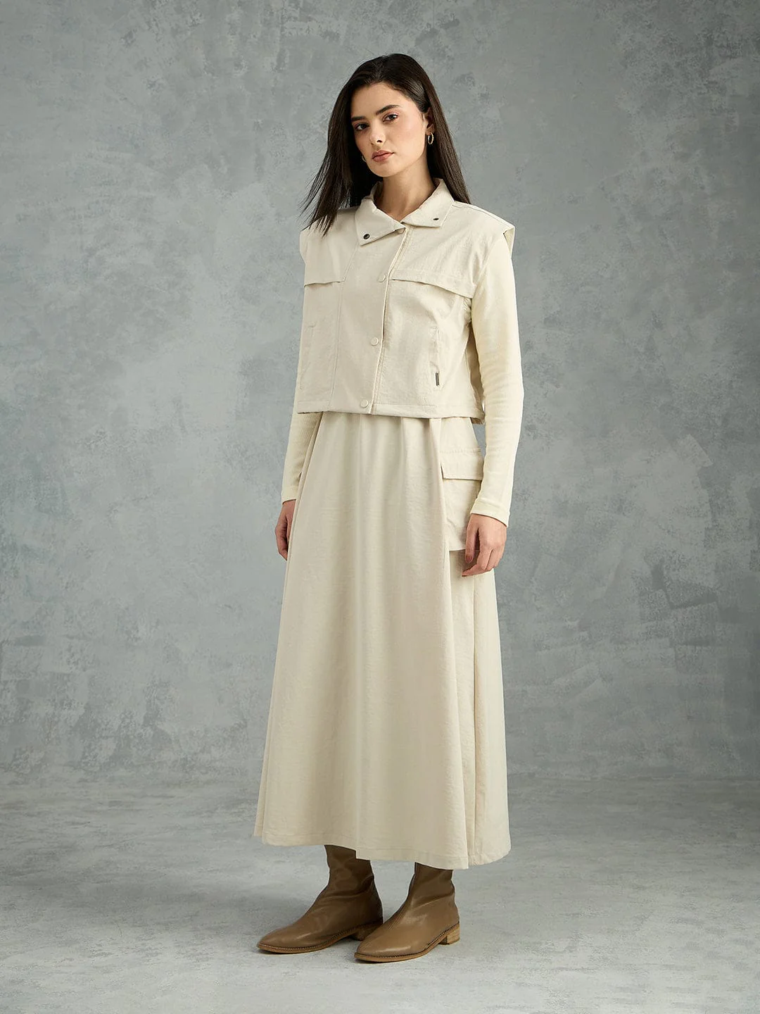 Iconic Women Beige Solid Pure Cotton Collared Dress - Image 2