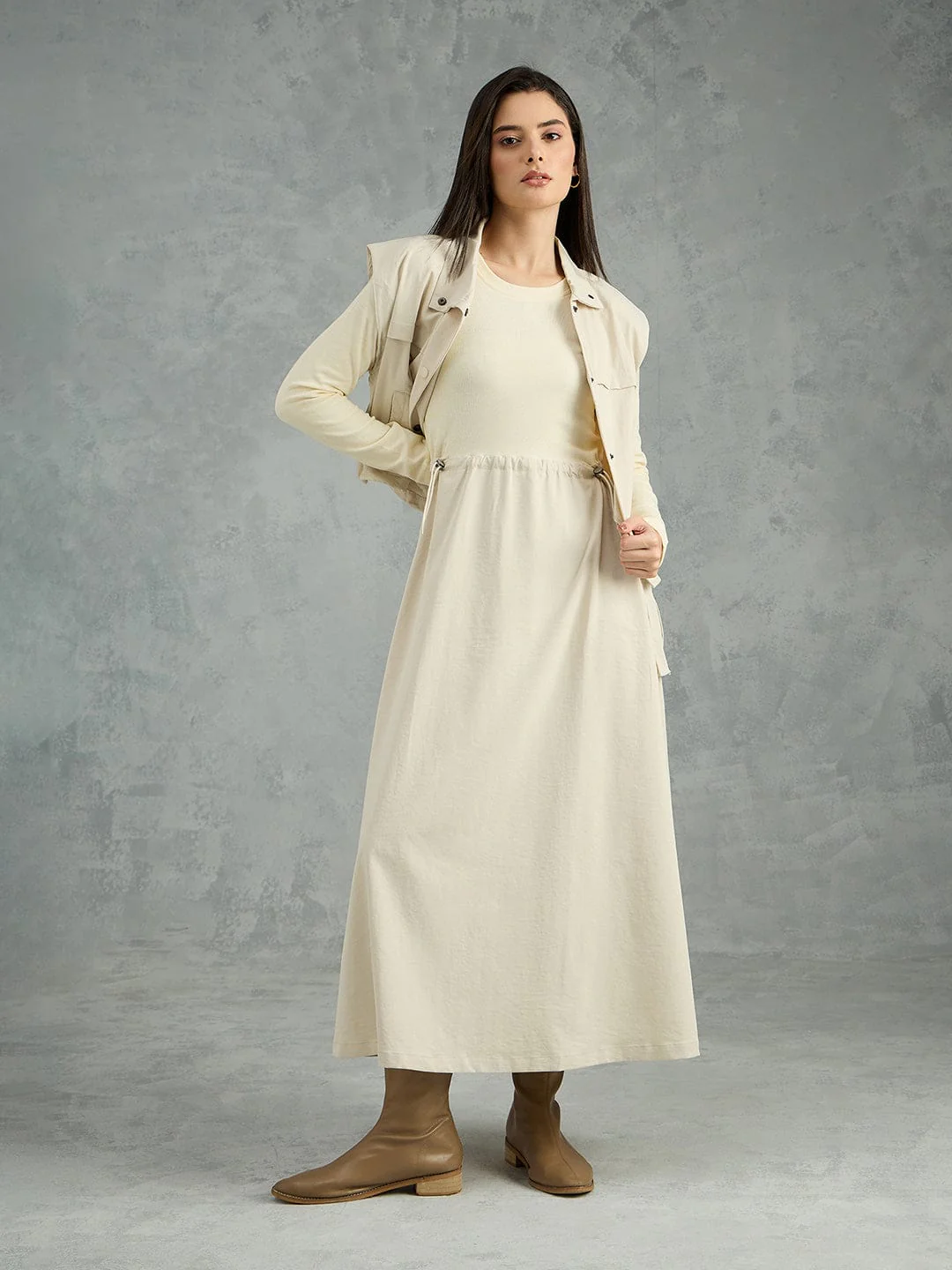 Iconic Women Beige Solid Pure Cotton Collared Dress - Image 5